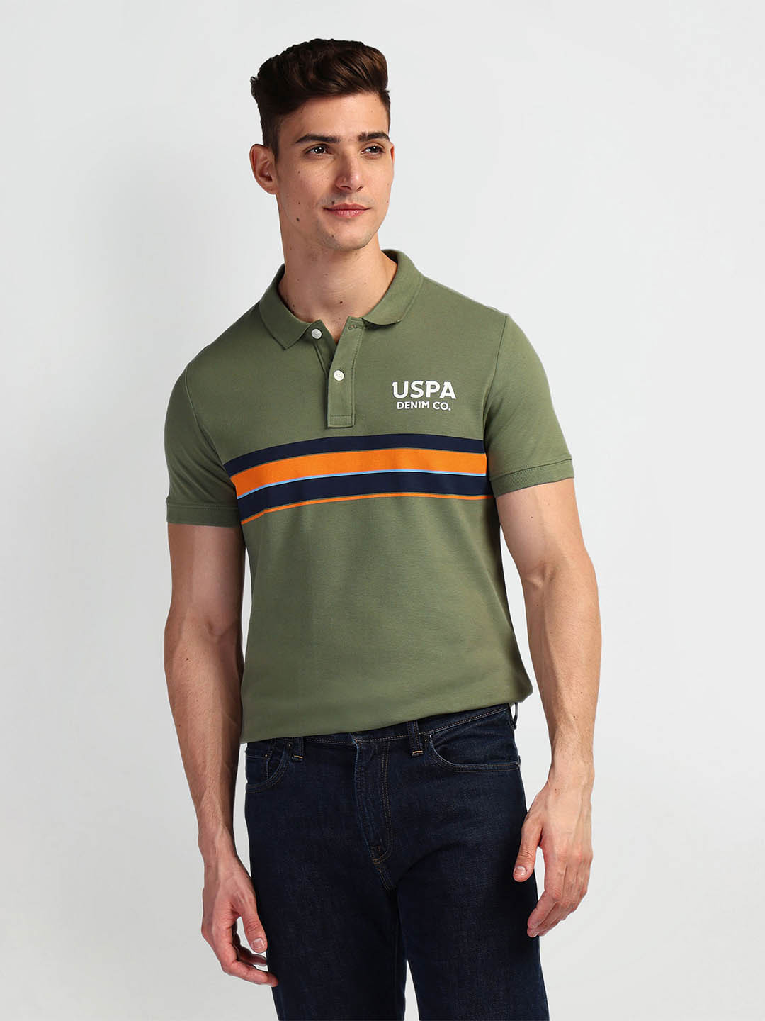 

U.S. Polo Assn. Denim Co. Pure Cotton Striped Polo Collar Slim Fit T-shirt, Olive