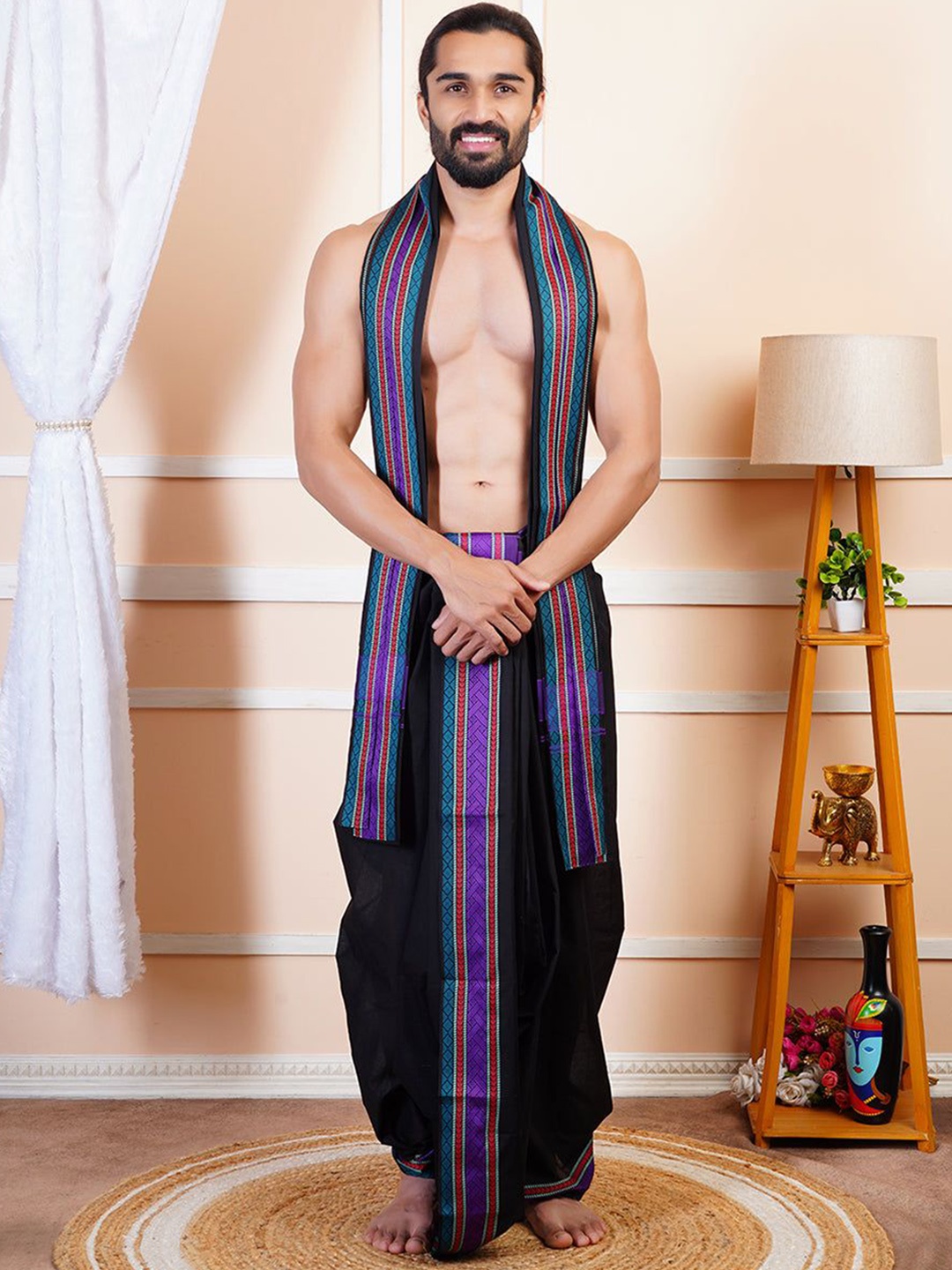 

Ramraj Men Cotton Panchakacham Dhoti with Angavastram, Black