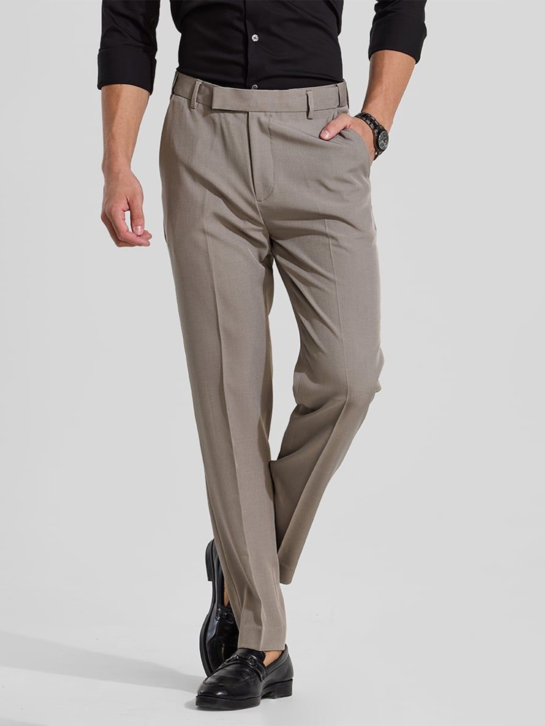 

Snitch Men Solid Smart Slim Fit Trousers, Brown