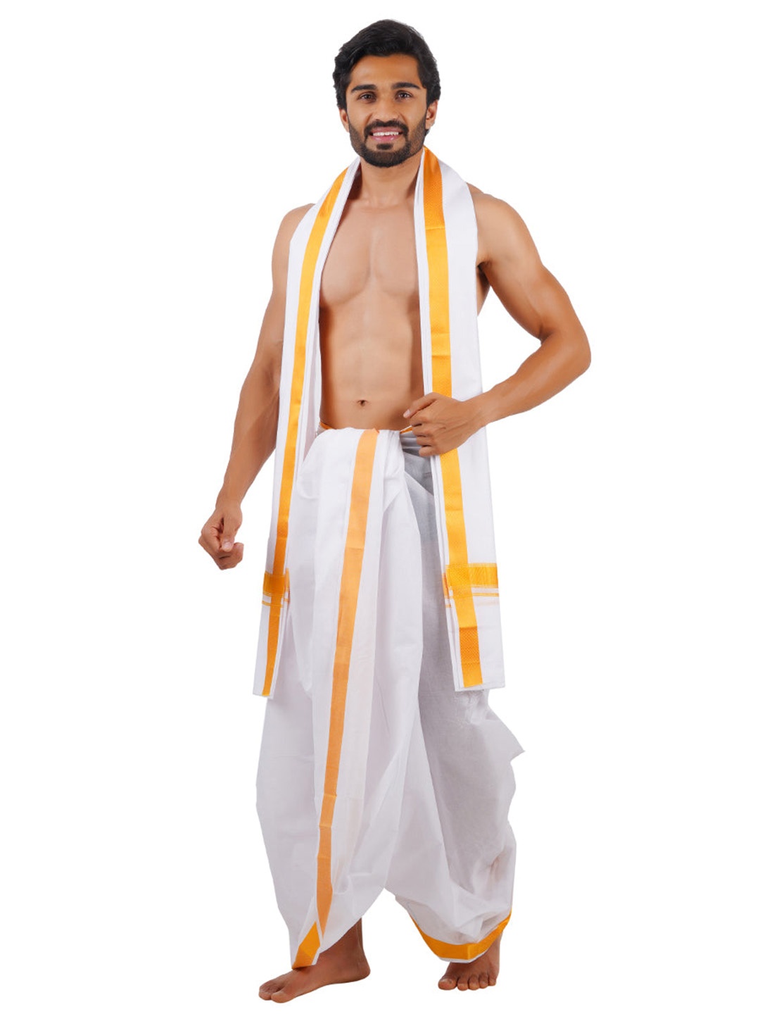 

Ramraj Men Traditional Panchakacham with Angavastram, White