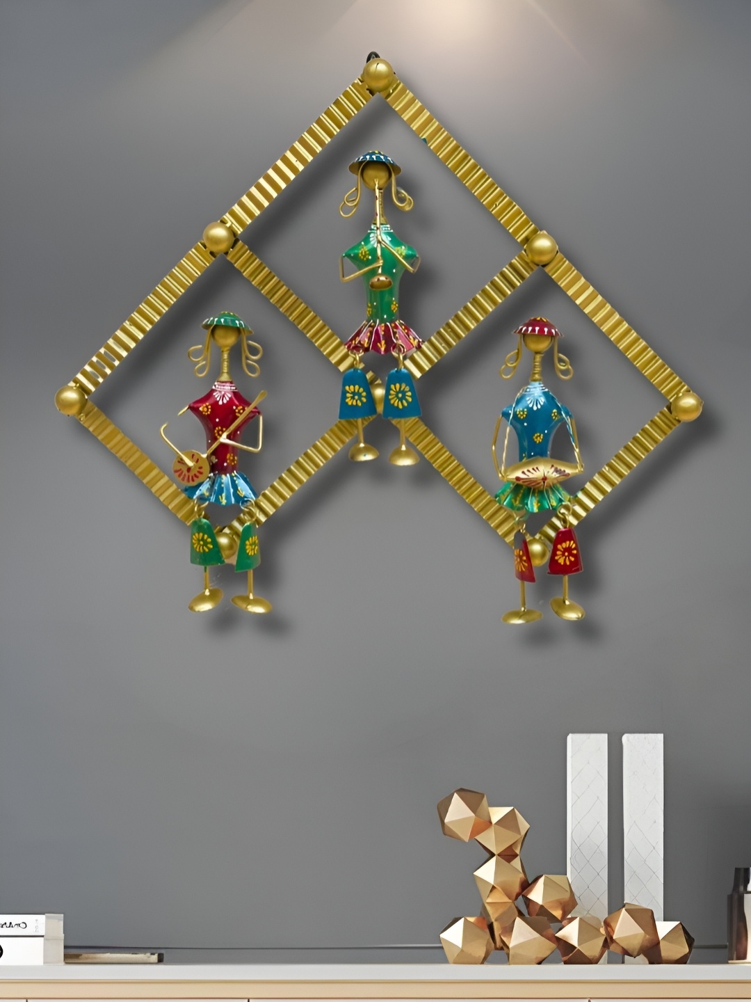 

ANSHIKA INTERNATIONAL Gold-Toned & Green Textured Tribal Musicians Doll Metal Wall Decor