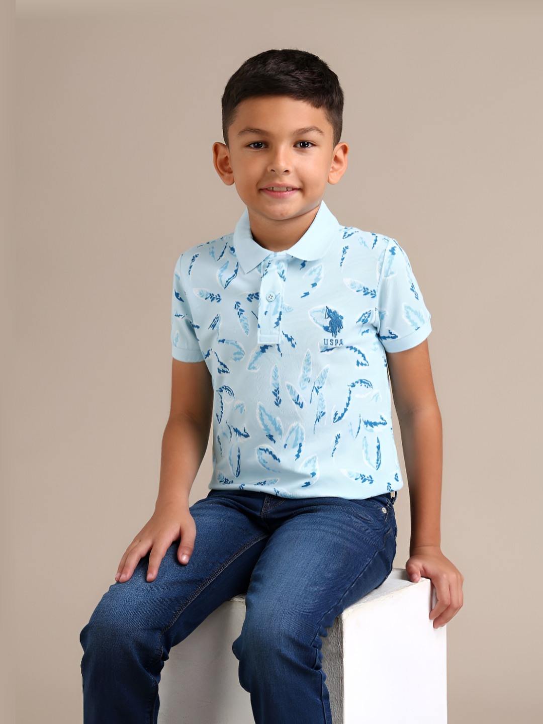 

U.S. Polo Assn. Kids Boys Floral Printed Polo Collar Cotton T-shirt, Blue