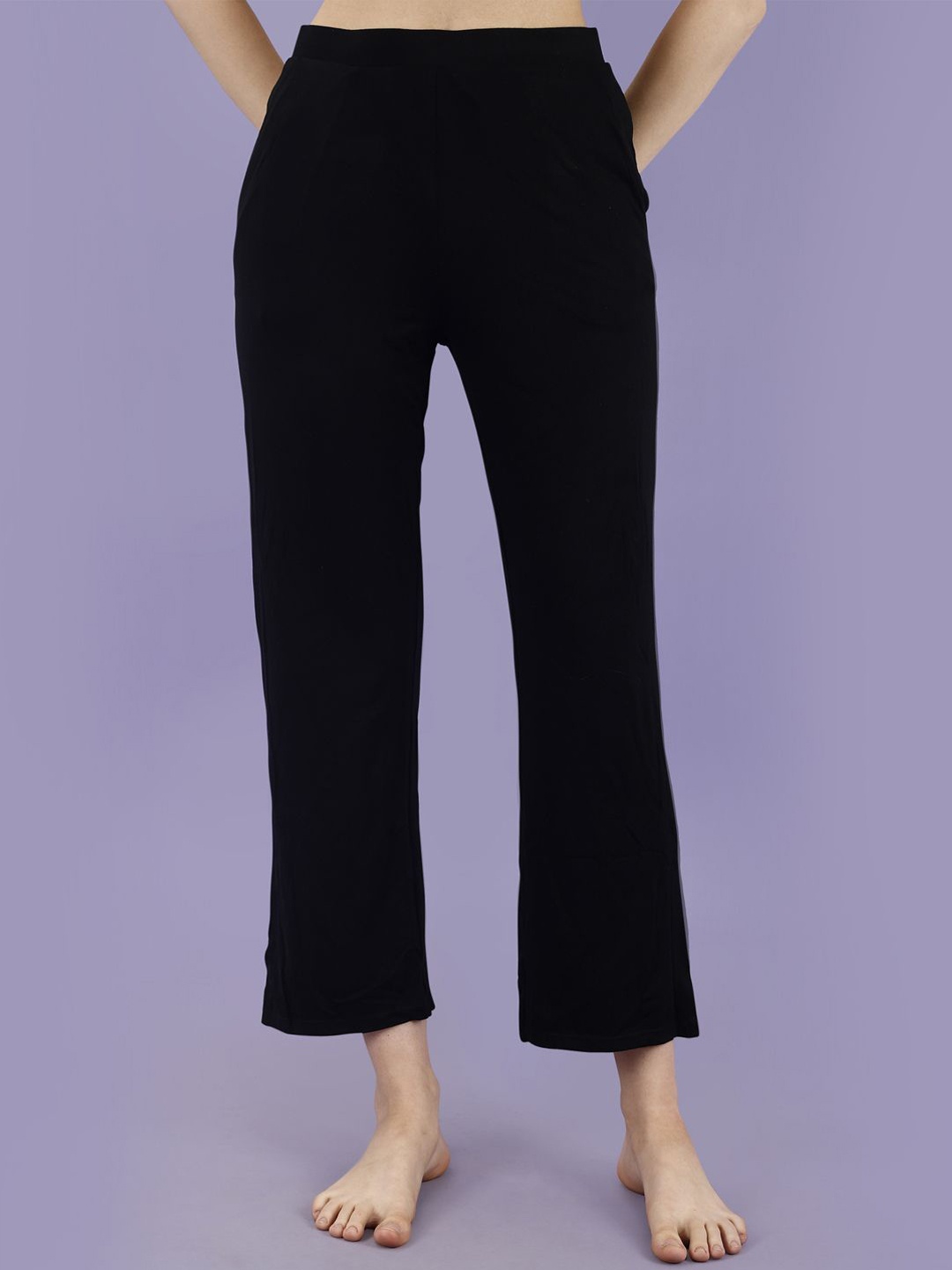 

Soie Women Mid Rise Flared Ankle Length Soft Lounge Pants with Side Slit & Pockets, Black