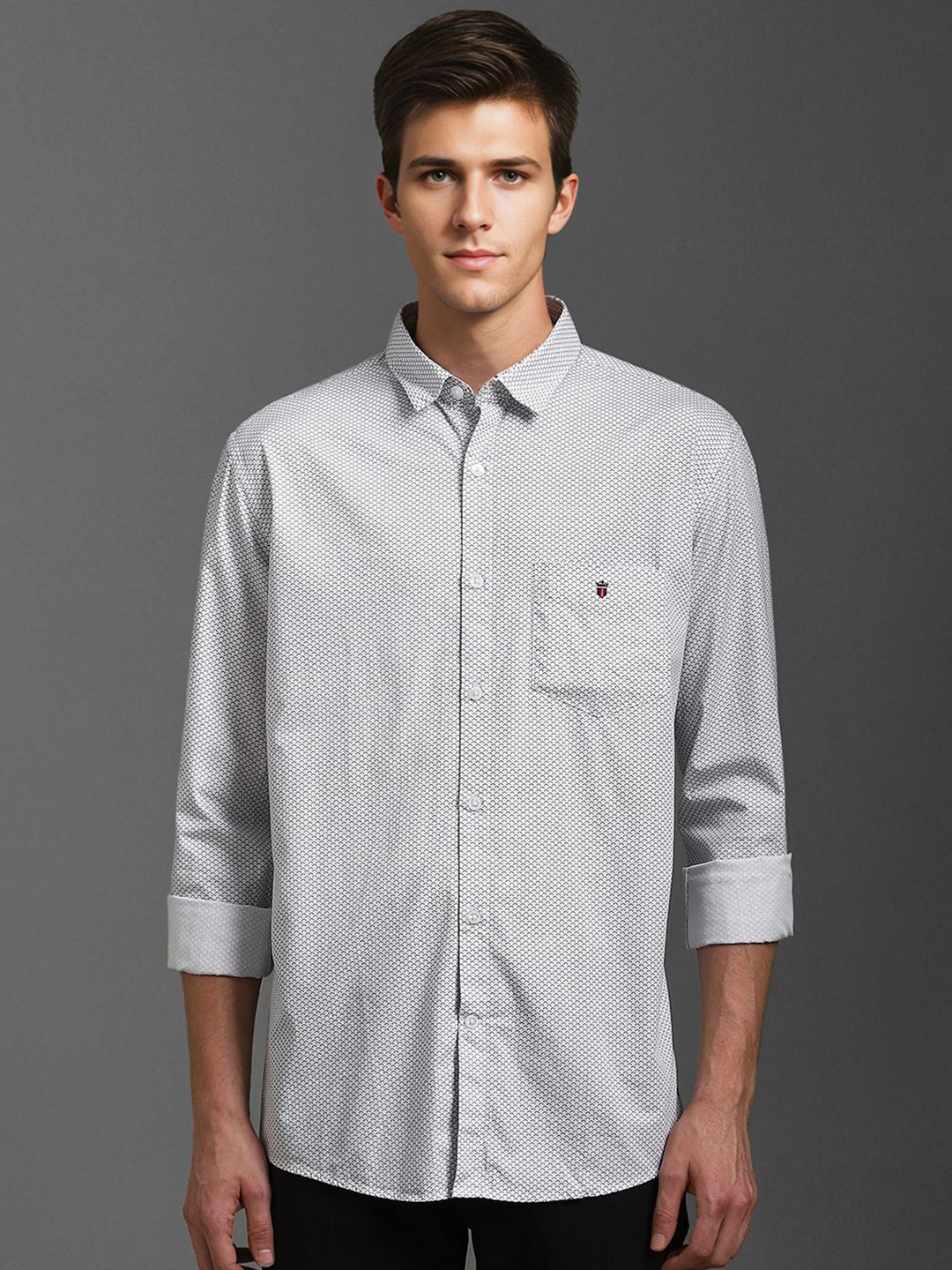 

Louis Philippe Sport Men Slim Fit Micro Ditsy Printed Spread Collar Pure Cotton Shirt, White