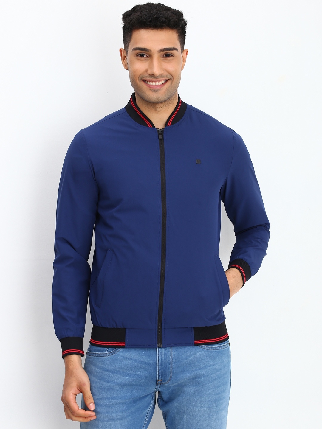 

Allen Solly Men Solid Stand Collar Open Front Jacket, Blue