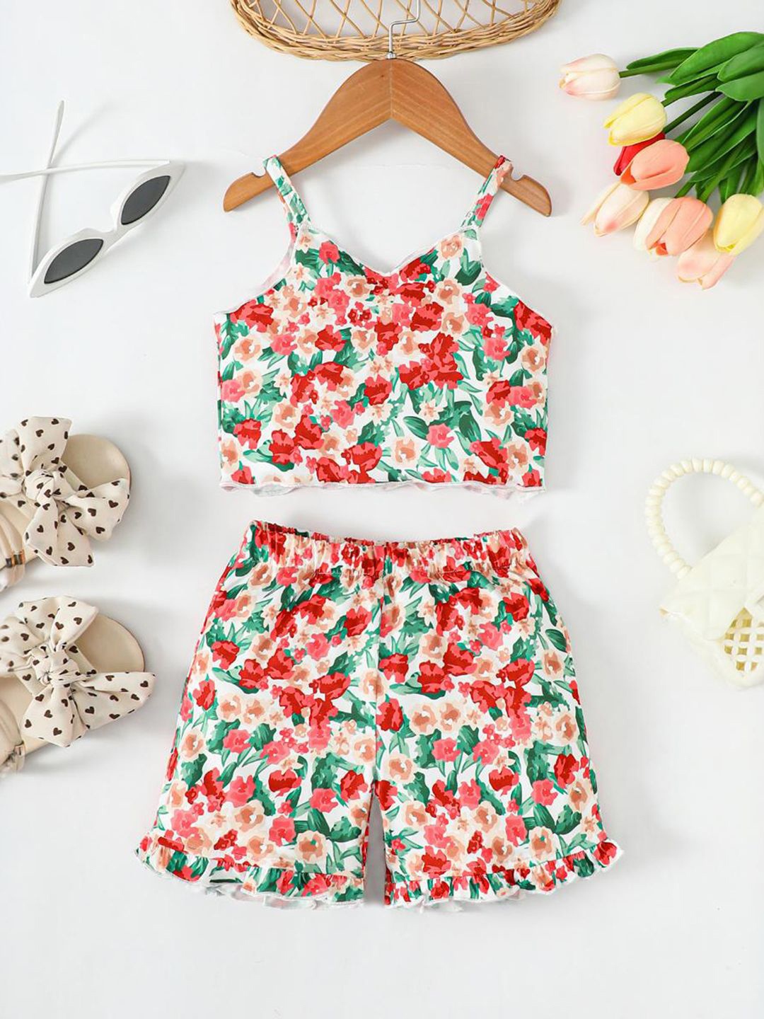 

INCLUD Girls Printed Top with Shorts Clothing Set, Red