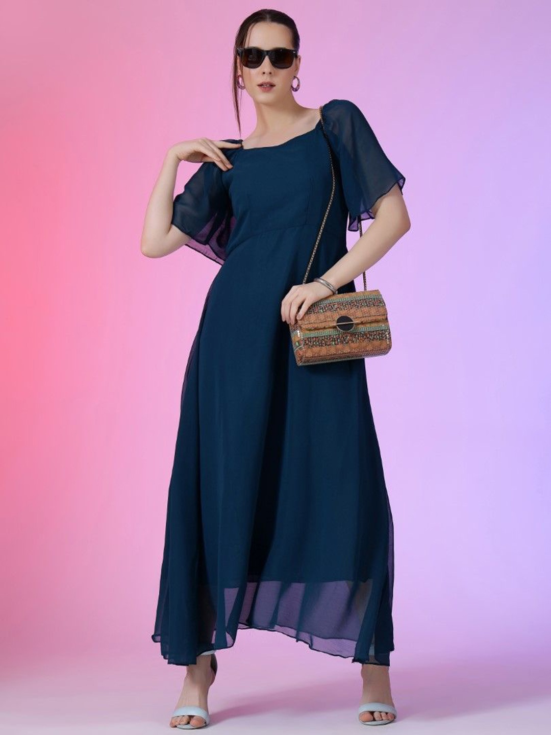 

Femvy Women Bell Sleeve Fit & Flare Maxi Dress, Blue