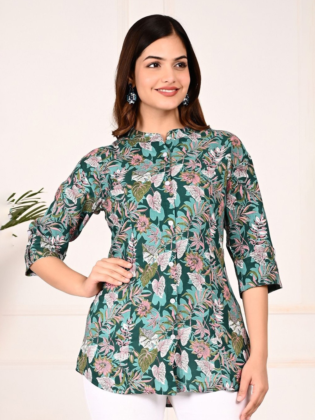 

GUDWEARS Print Mandarin Collar Roll-Up Sleeves Top, Green