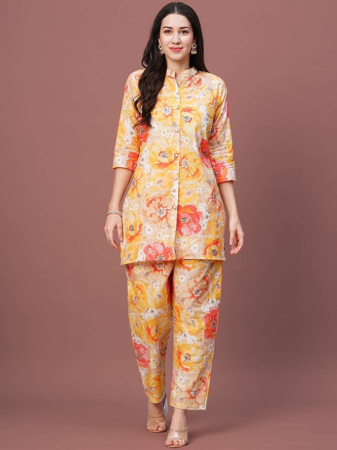 

Kiana House Of Fashion Floral Printed Mandarin Collar Pure Cotton Kurta With Trouser, Yellow