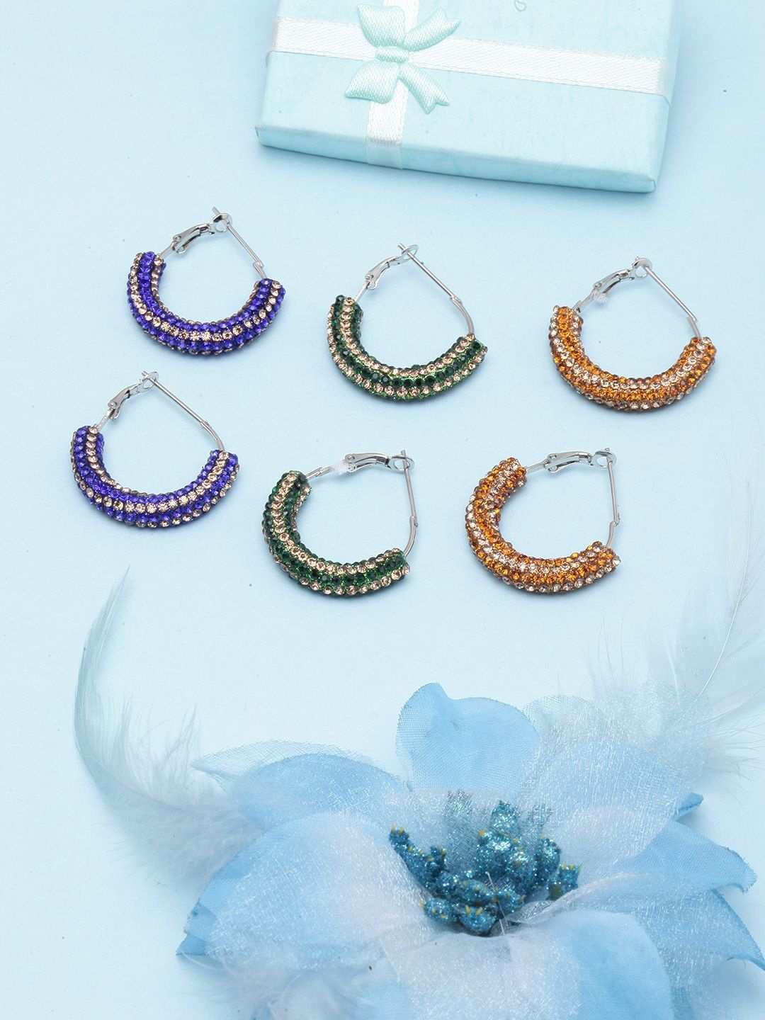 

KPOP Set of 6 Silver-Plated Contemporary Rhinestone Half Hoop Earrings