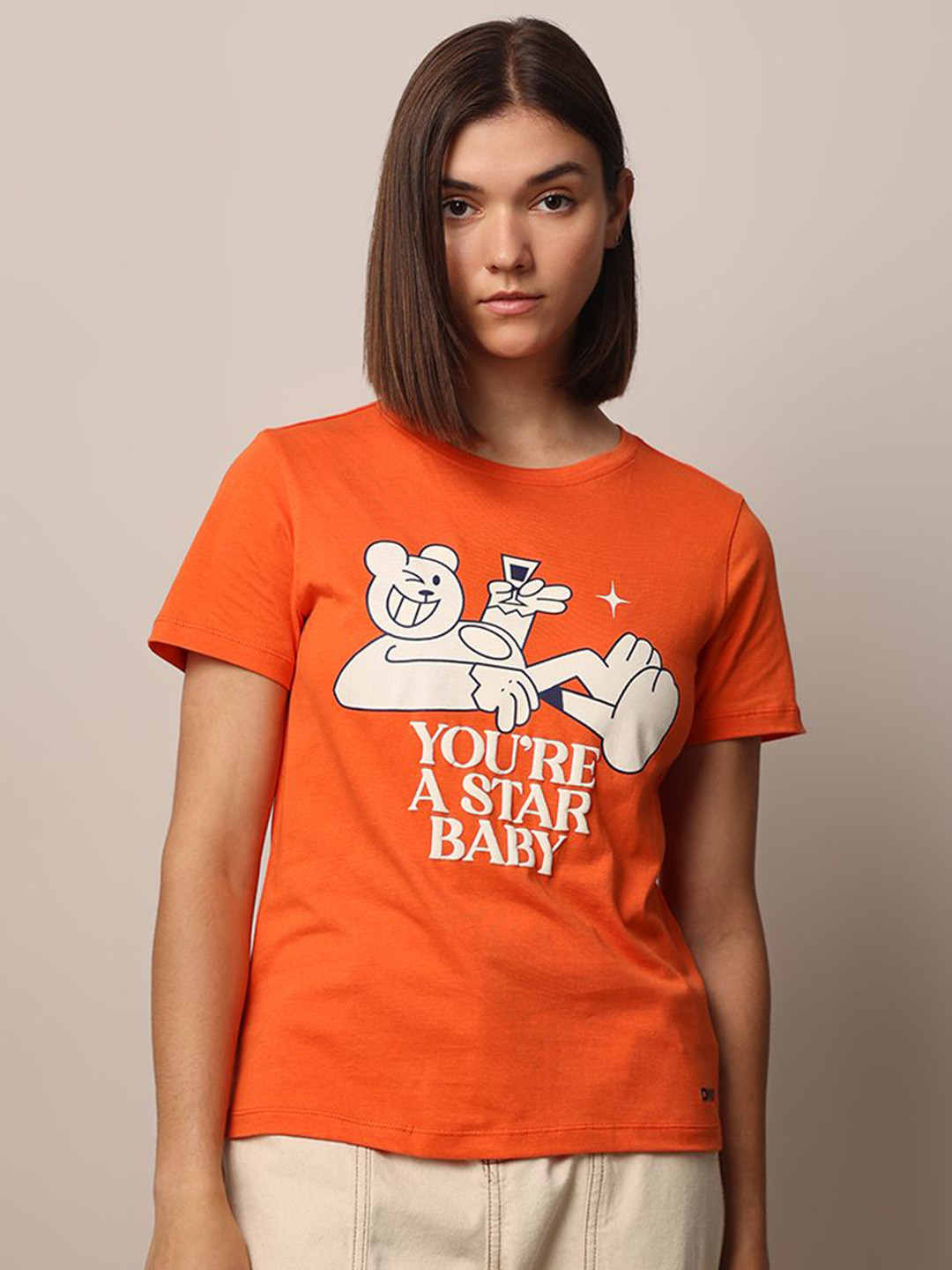 

ONLY Women Typography Printed Round Neck Cotton T-shirt, Orange