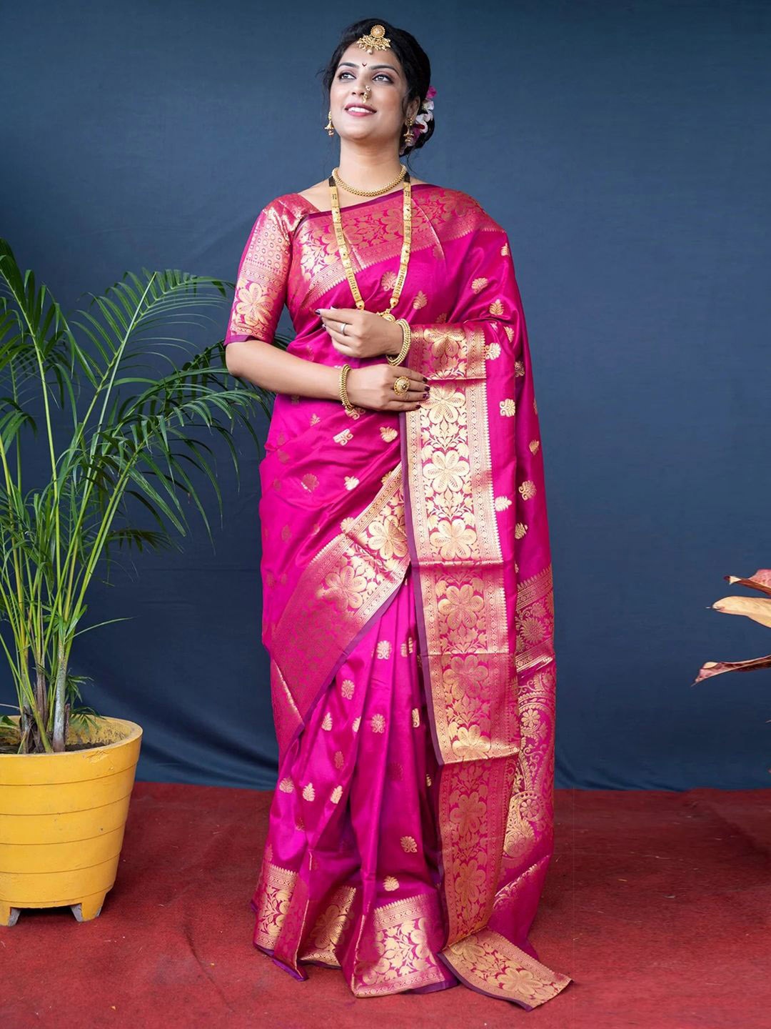 

KALINI Ethnic Motifs Zari Pure Silk Banarasi Saree, Pink