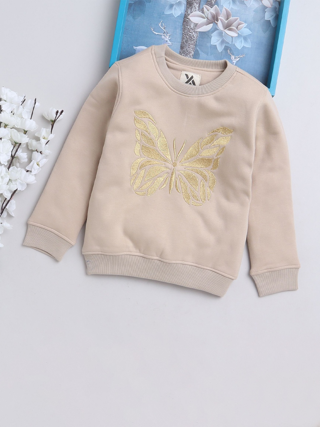 

Yellow Apple Girls Graphic Embroidered Woollen Pullover Sweater, Peach