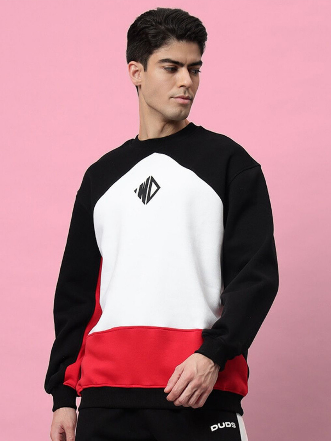 

WEARDUDS Men Colourblocked Round Neck Wool Pullover Sweatshirt, Black