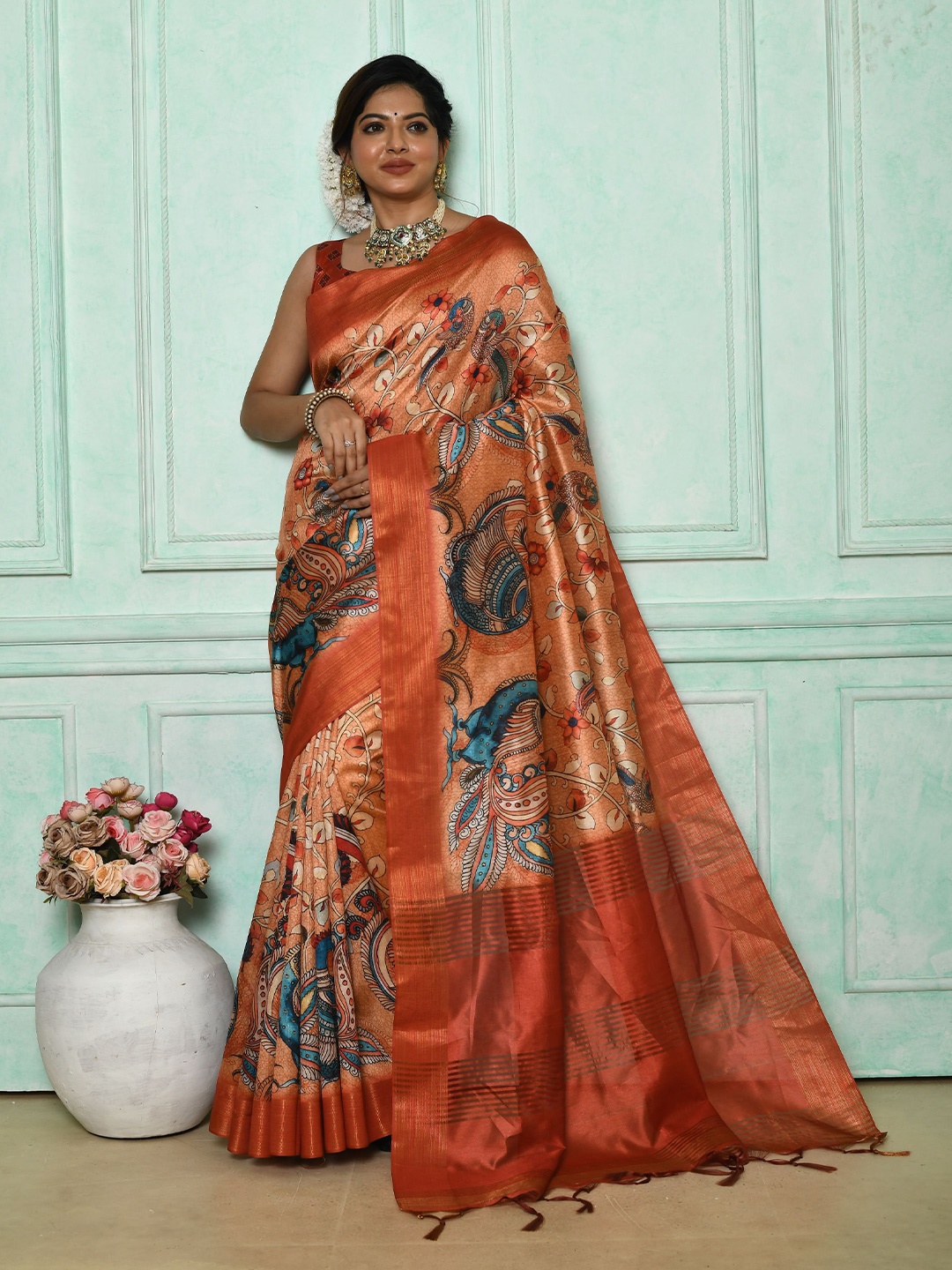 

AWRIYA Ethnic Motifs Woven Design Zari Tussar Saree, Orange