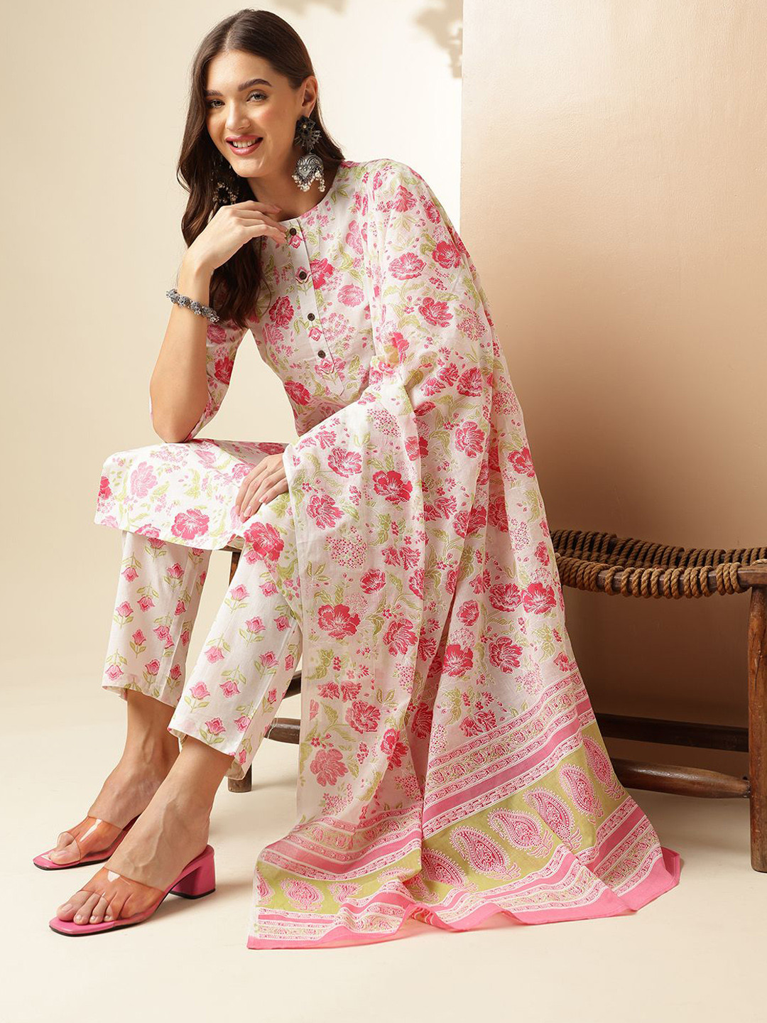 

Anouk Floral Printed Round Neck Regular Pure Cotton Kurta With Trouser With Dupatta, White