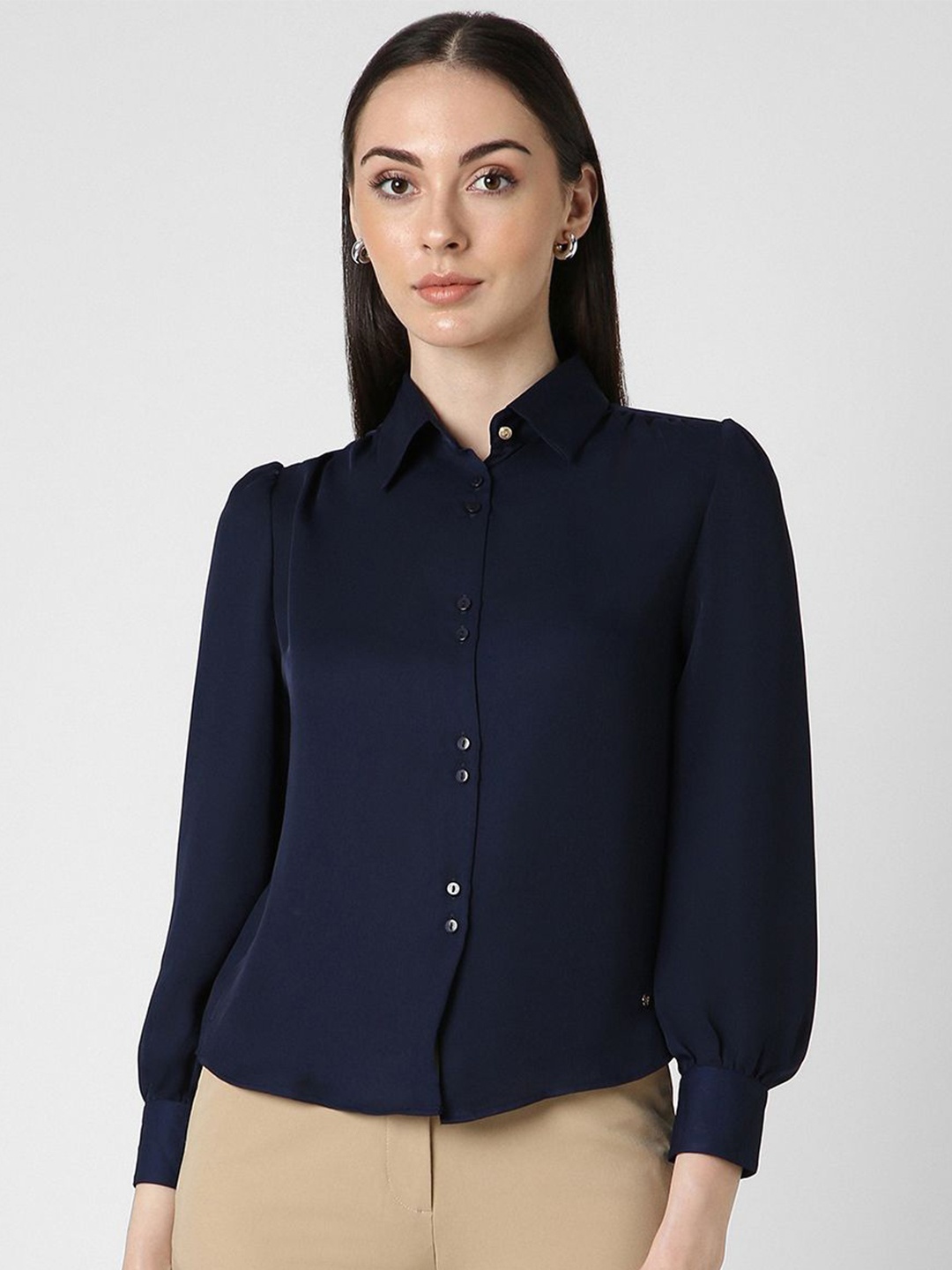 

Van Heusen Woman Spread Collar Solid Formal Shirt, Navy blue