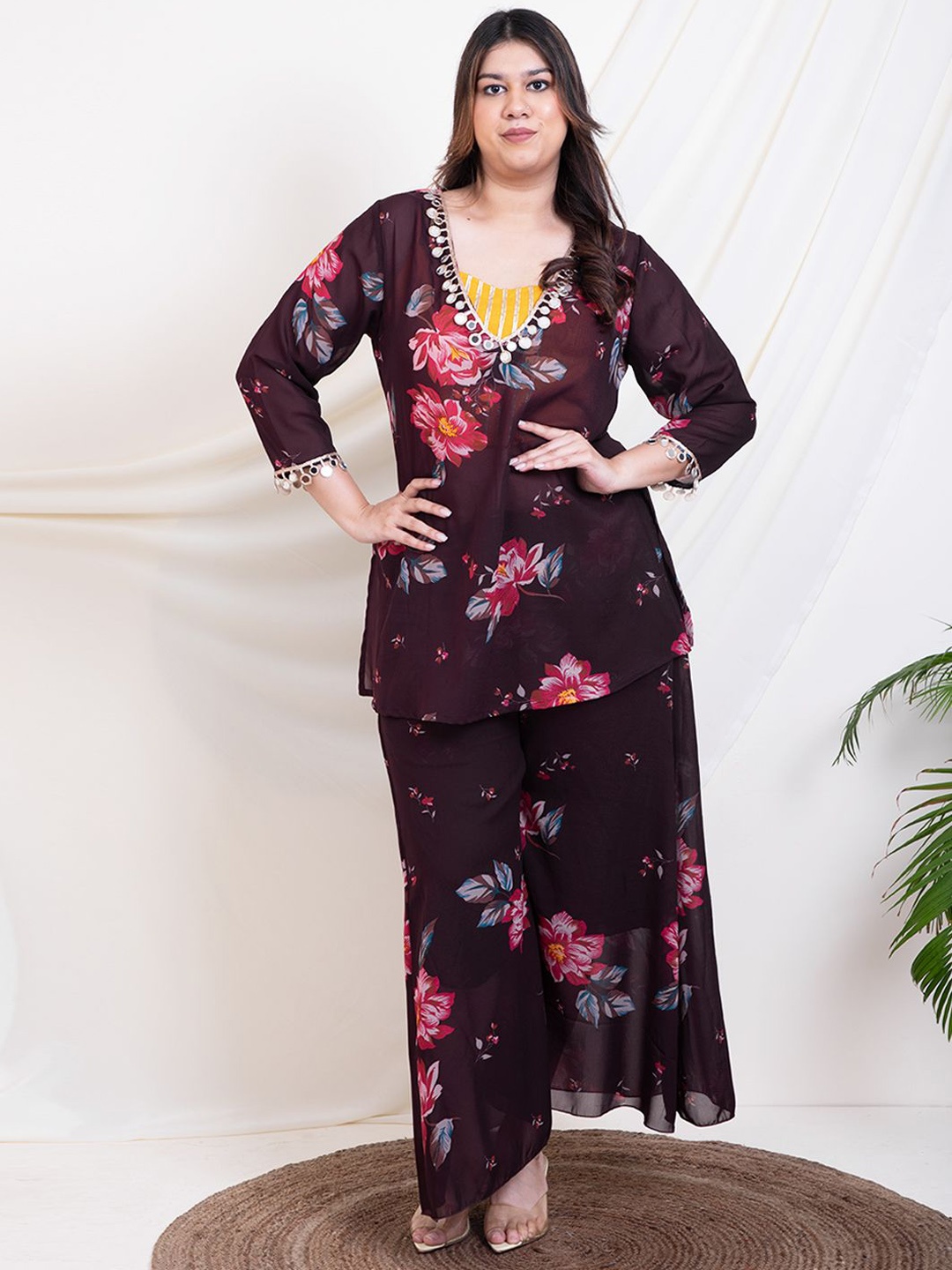 

DEEBACO Floral Printed Tunic & Palazzo With Inner Crop Top Co-Ords, Burgundy