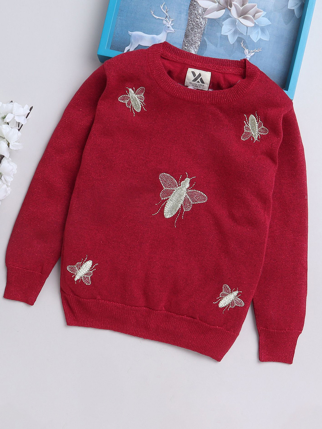 

Yellow Apple Girls Embroidered Woollen Pullover Sweater, Red