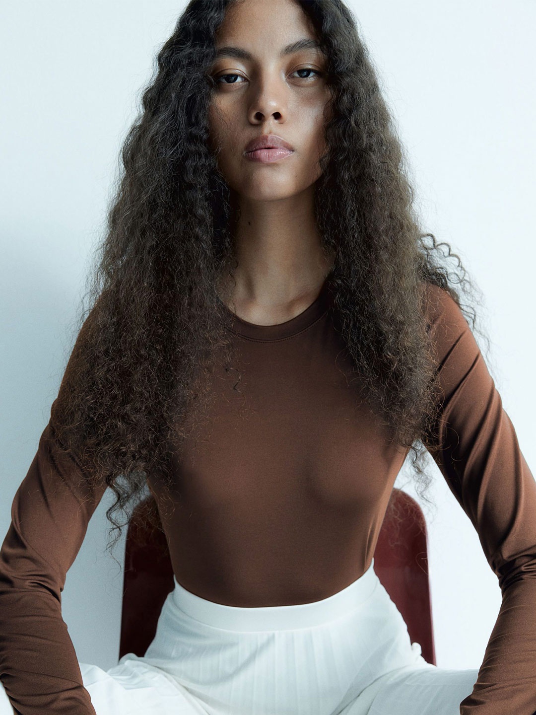 

H&M Long-Sleeved Microfibre Top, Brown