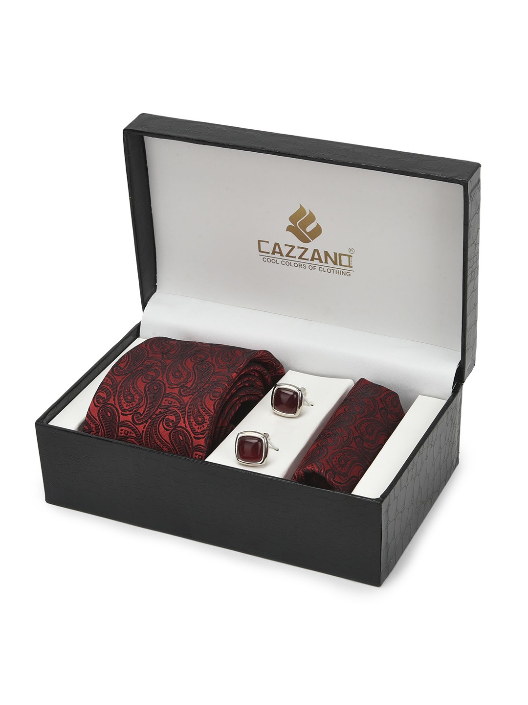 

Cazzano Men Accessory Gift Set Of Slim Tie, Cufflink & Pocket Square, Maroon