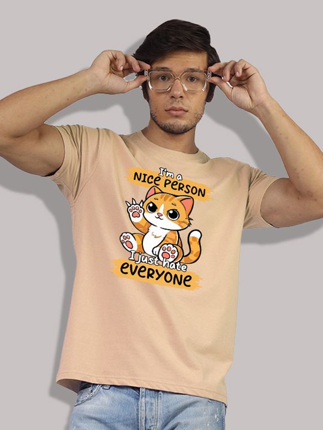 

Greylongg Men Graphic Printed Round Neck Cotton T-shirt, Beige