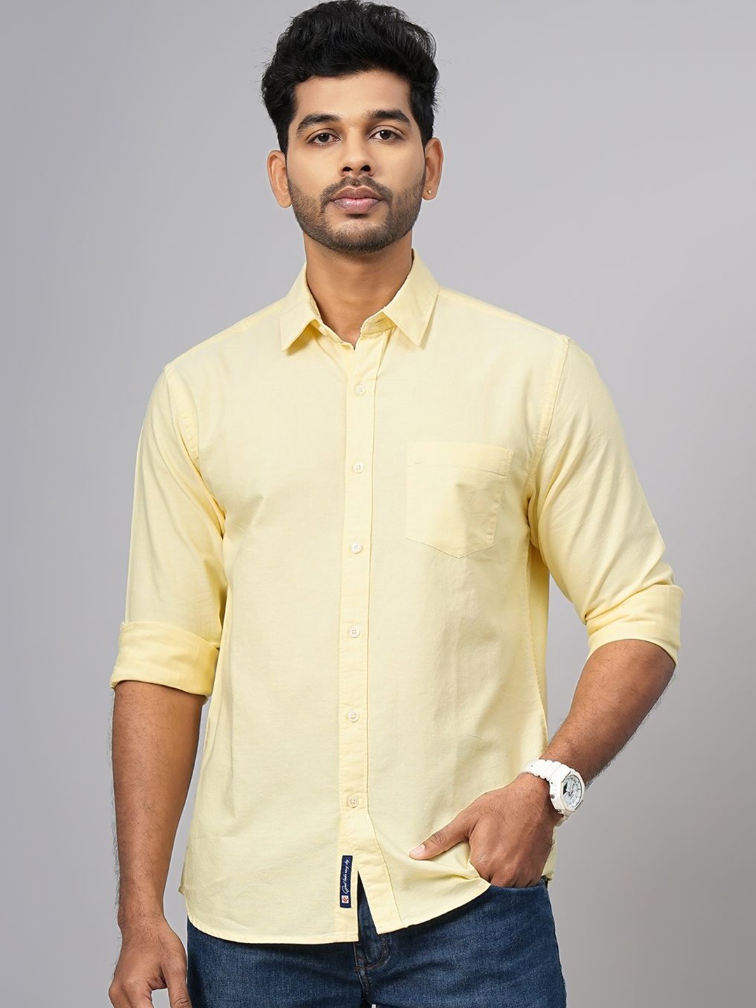 

Greenfibre Men Spread Collar Solid Cotton Slim Fit Casual Shirt, Yellow