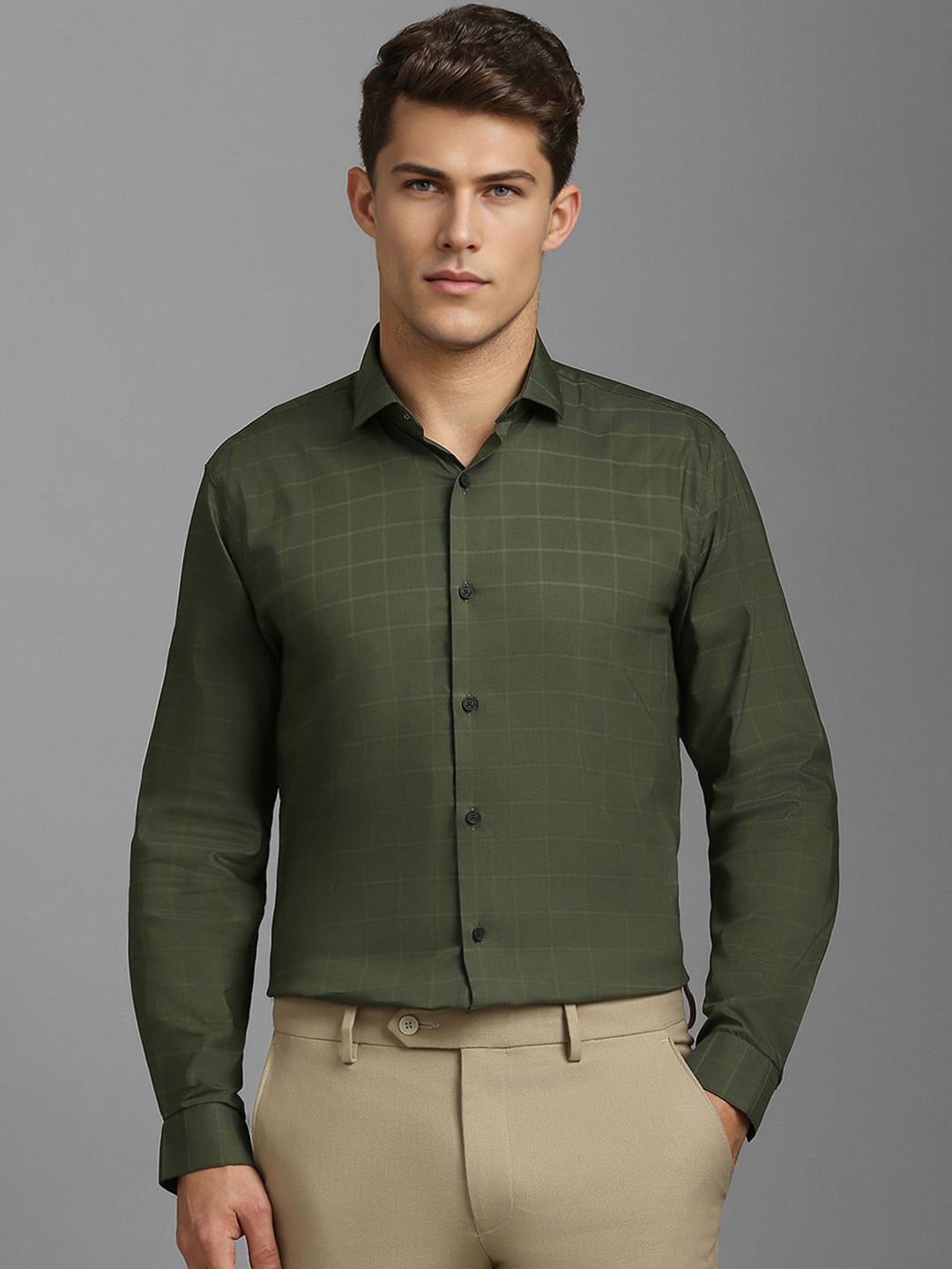 

Louis Philippe Sport Men Super Slim Fit Checked Casual Shirt, Olive