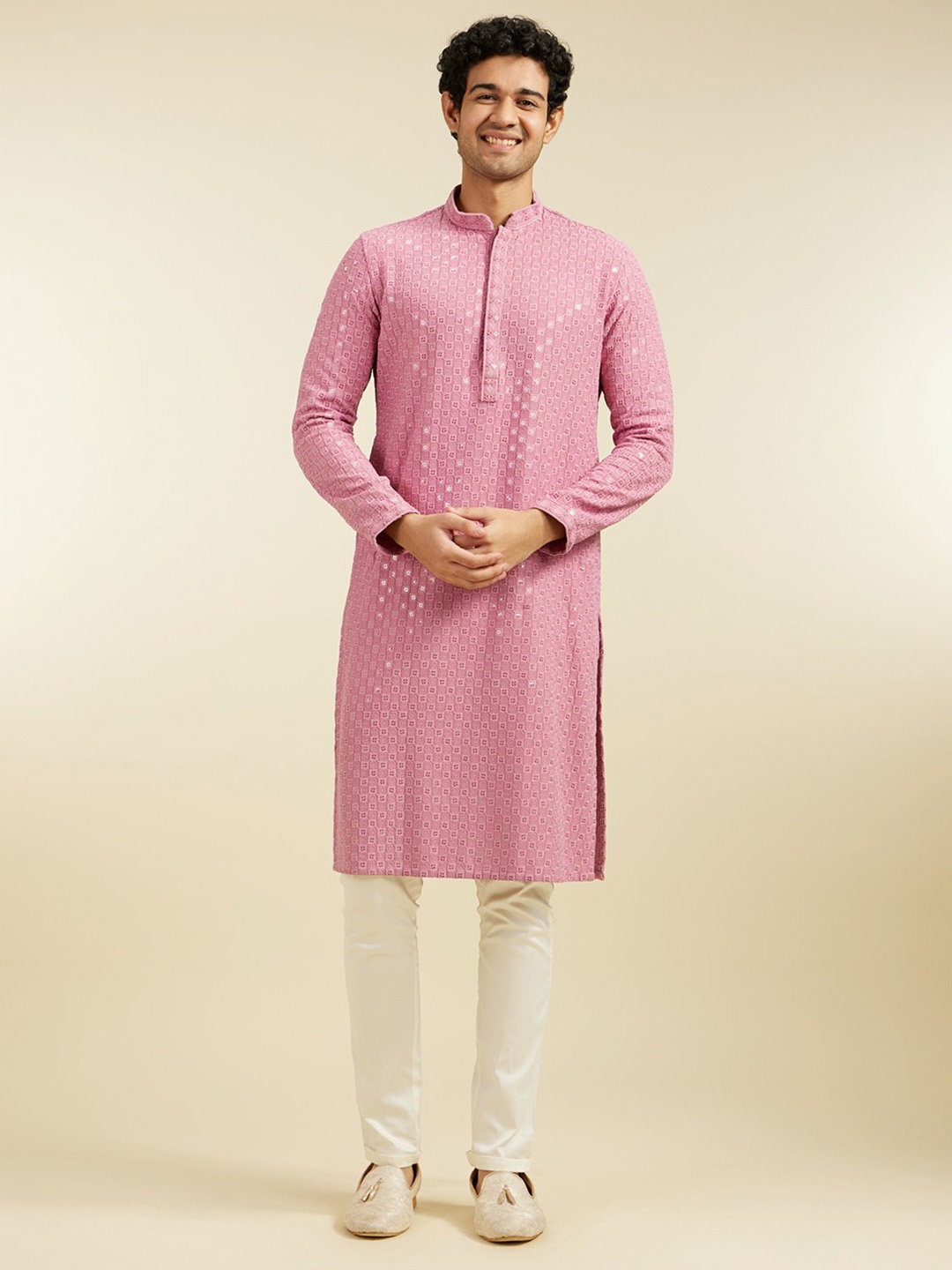 

Diwas by Manyavar Men Ethnic Motifs Embroidered Mandarin Collar Sequinned Straight Kurta, Pink