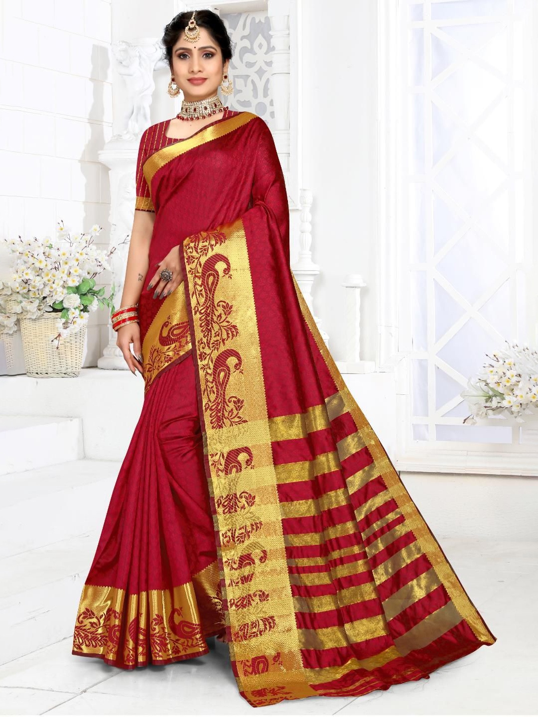 

JAY FASHION Woven Design Zari Silk Blend Kanjeevaram Saree, Maroon