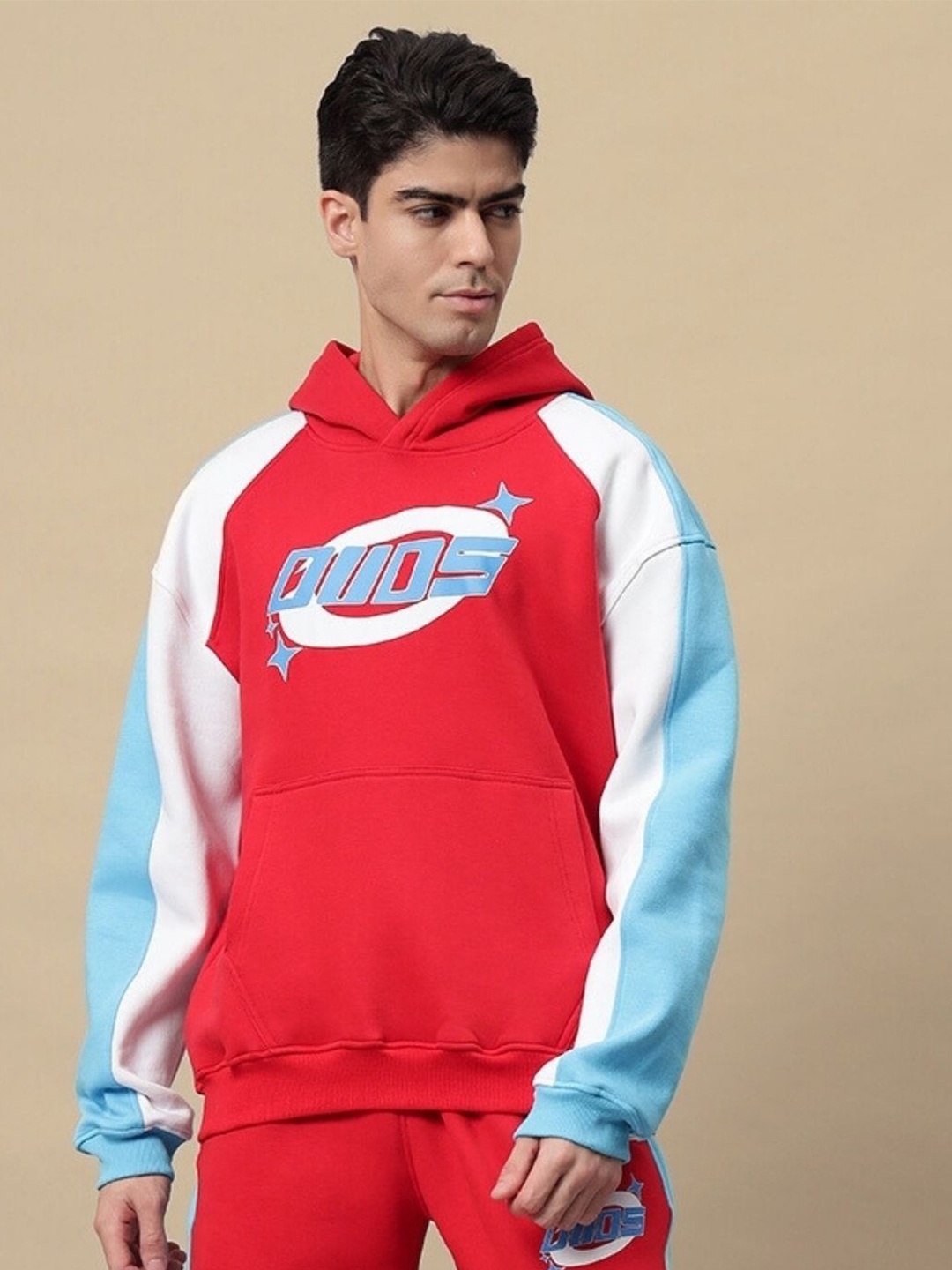 

WEARDUDS Men Colourblocked Hood Wool Pullover Sweatshirt, Red