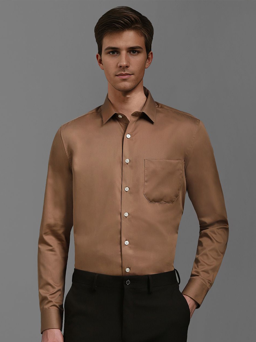 

Louis Philippe Men Spread Collar Solid Cotton Slim Fit Formal Shirt, Brown