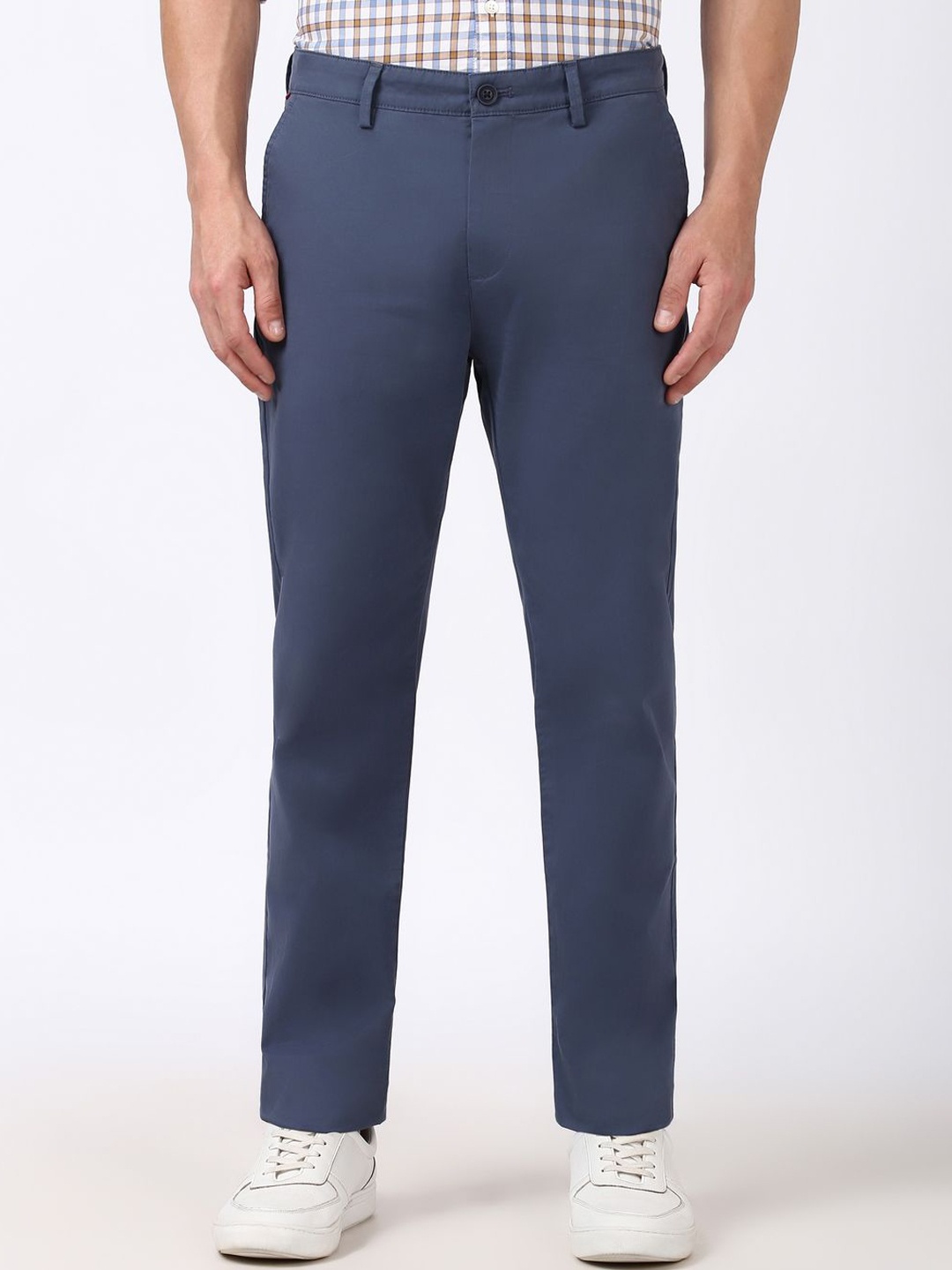 

Peter England Casuals Men Super Slim Fit Cotton Solid Trousers, Blue