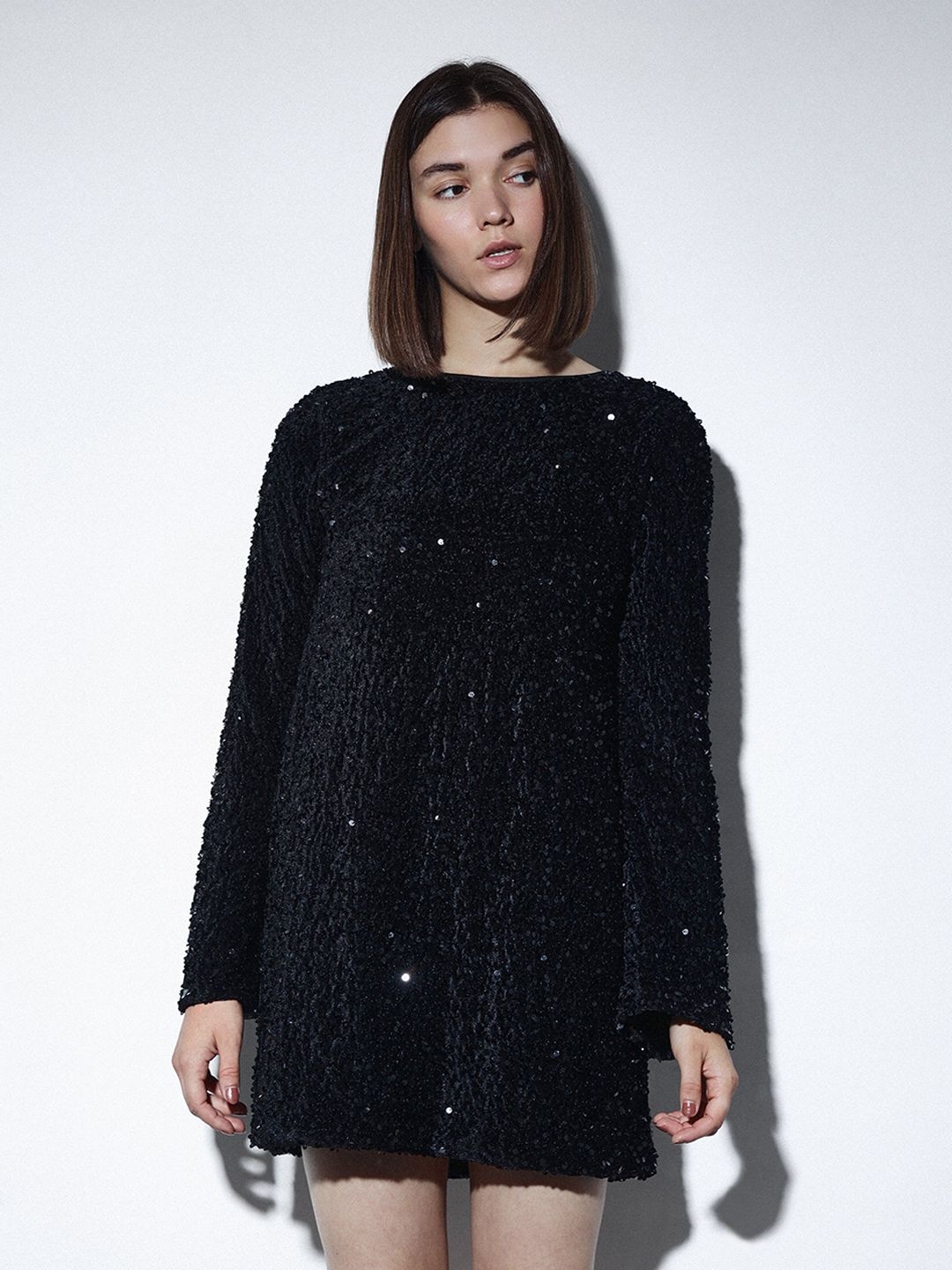 

ONLY Sequin Embellished Flared Sleeve Fit & Flare Mini Dress, Black