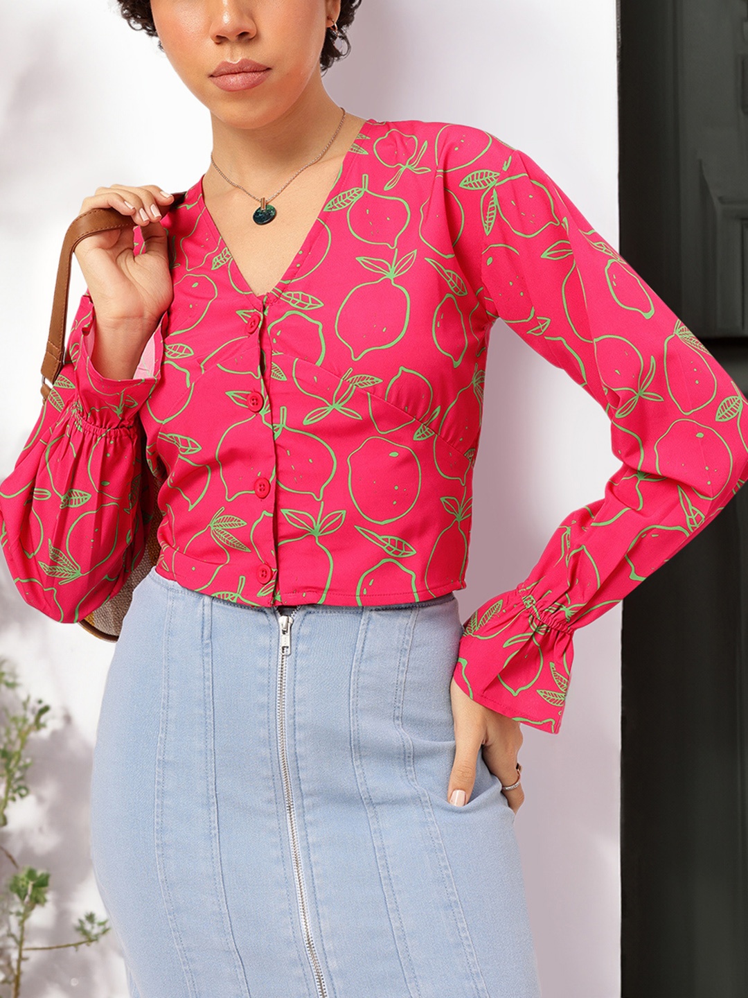 

DressBerry Edgy Elegance Printed Shirt Style Top, Pink