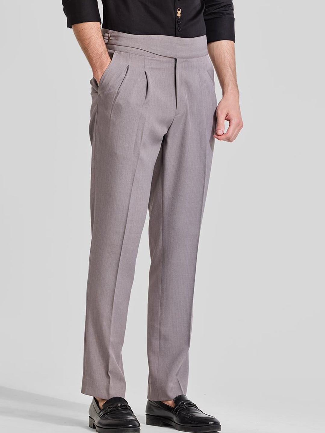 

Snitch Men Smart Slim Fit Pleated Trousers, Grey