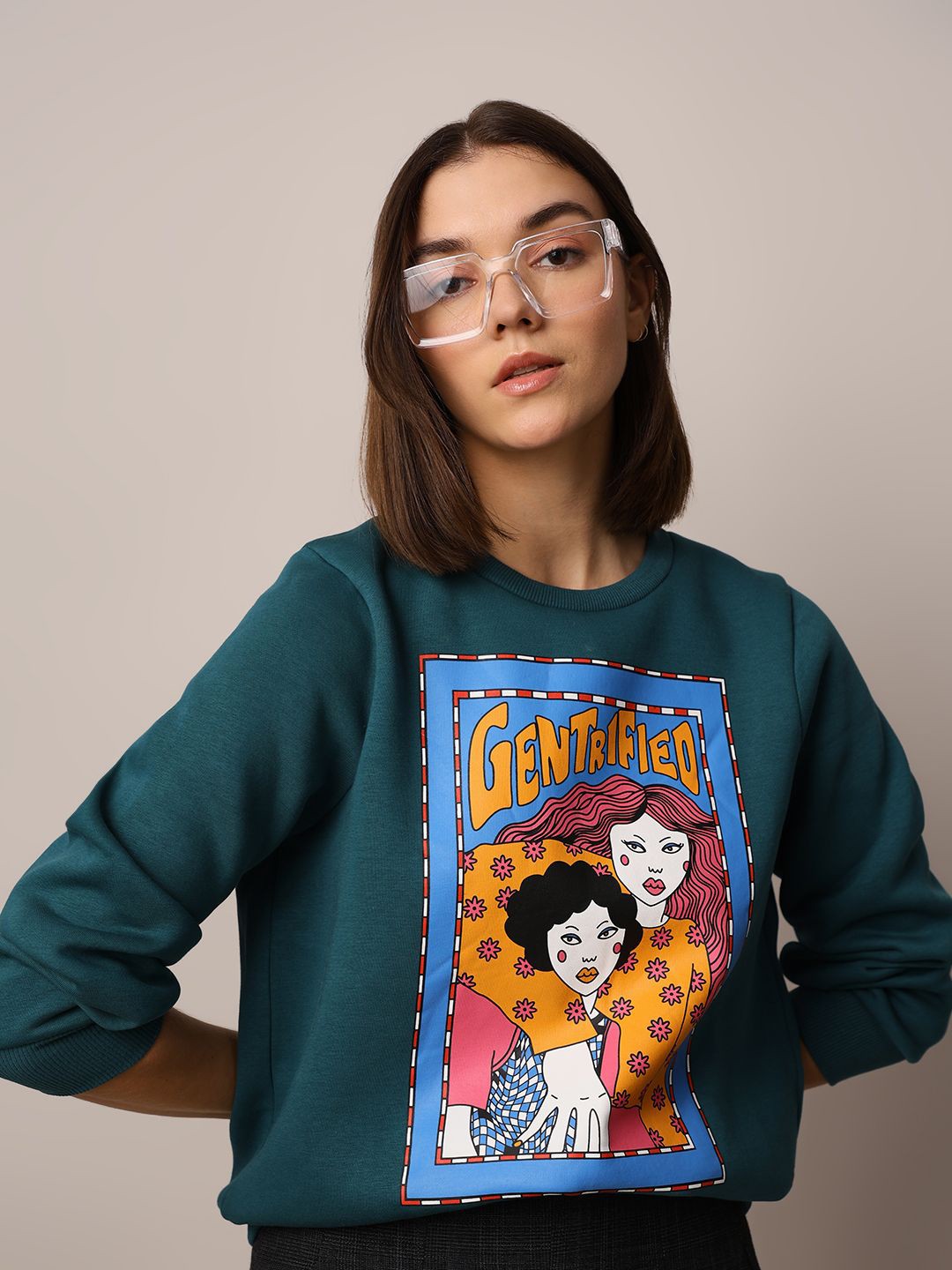 

ONLY Women Graphic Printed Round Neck Cotton Pullover Sweatshirt, Green