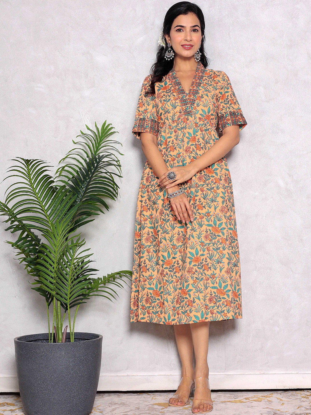 

GULAB CHAND TRENDS Floral Printed Cotton A-Line Ethnic Dress, Beige
