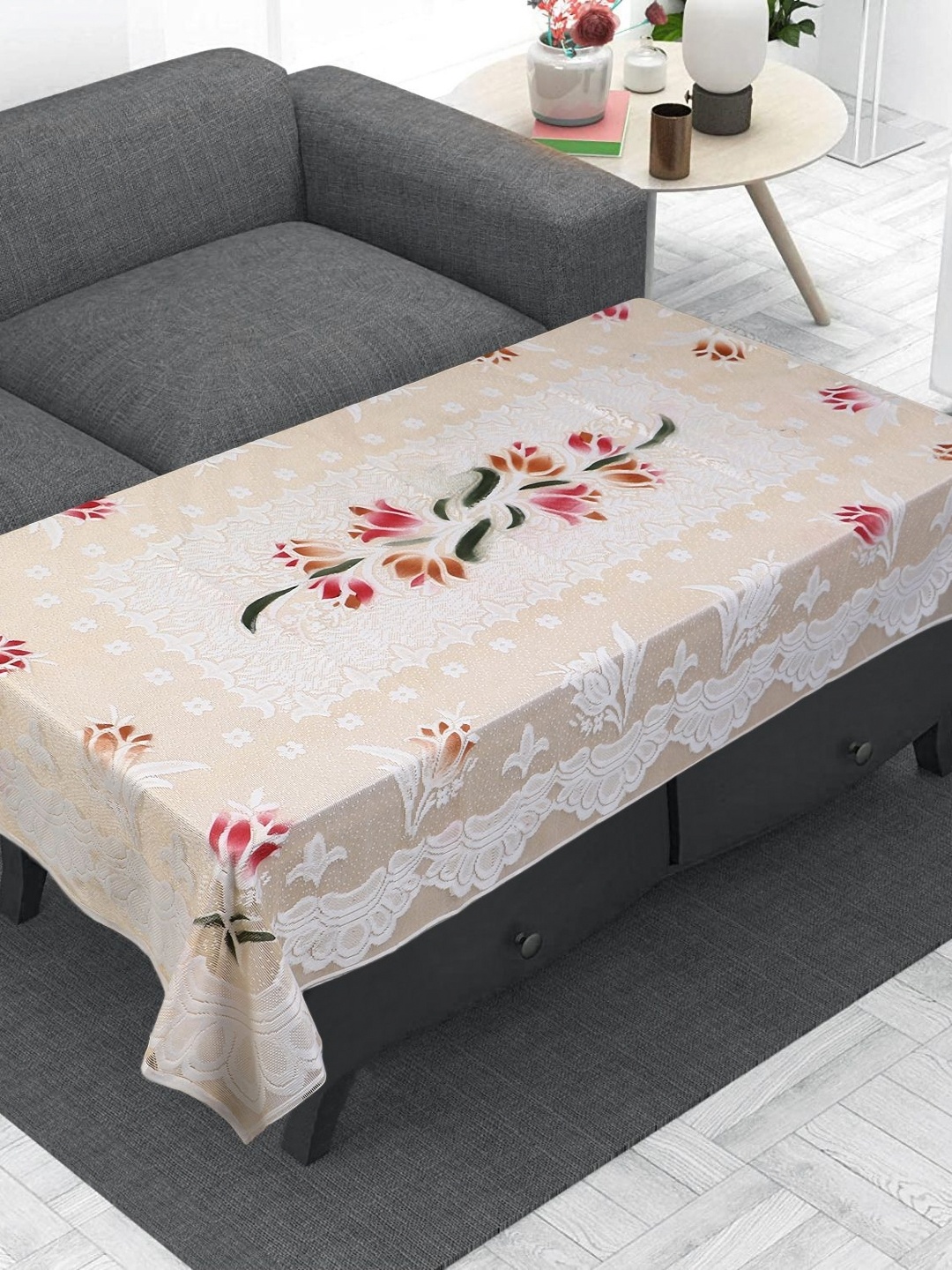 

LooMantha Cream-Coloured and White Floral Anti-Skid Cotton 4-Seater Table Cover