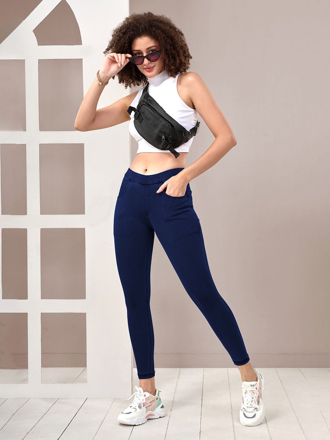 

LYRA Women Mid-Rise Denim Jeggings with Pockets, Navy blue