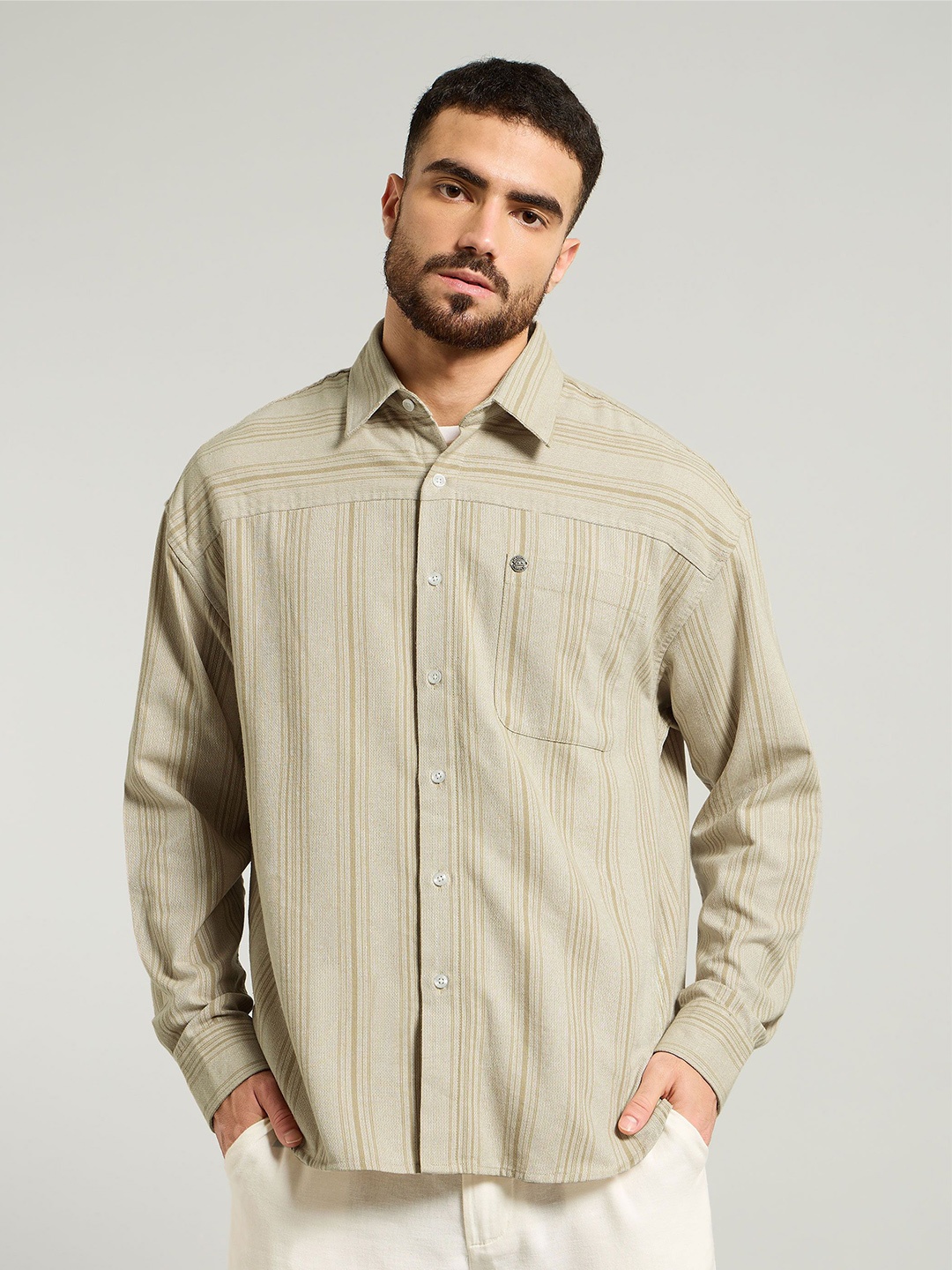 

Beyoung Men Spread Collar Vertical Striped Cotton Relaxed Fit Casual Shirt, Beige