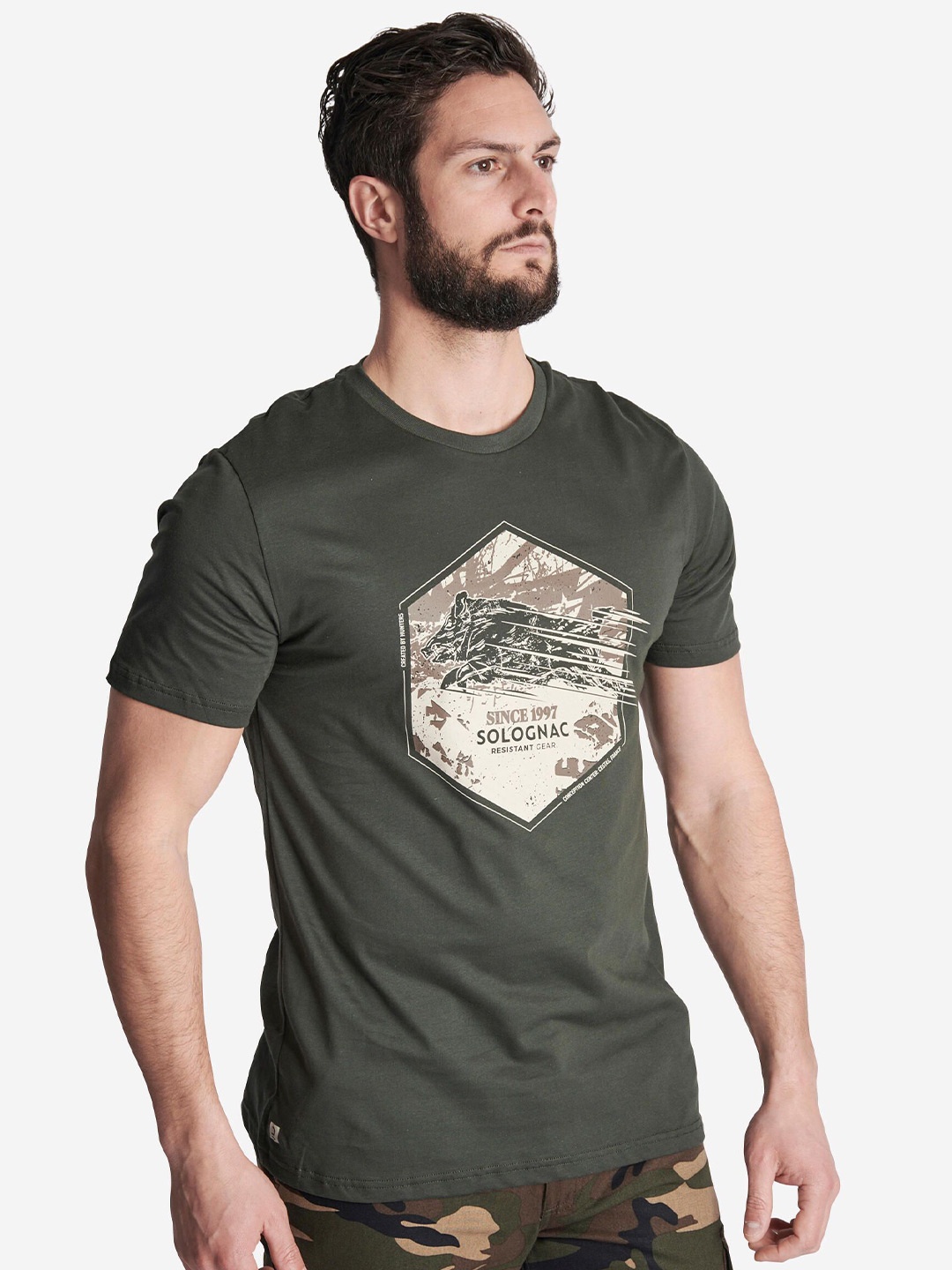 

SOLOGNAC By Decathlon Men Graphic Printed Round Neck Cotton T-shirt, Olive