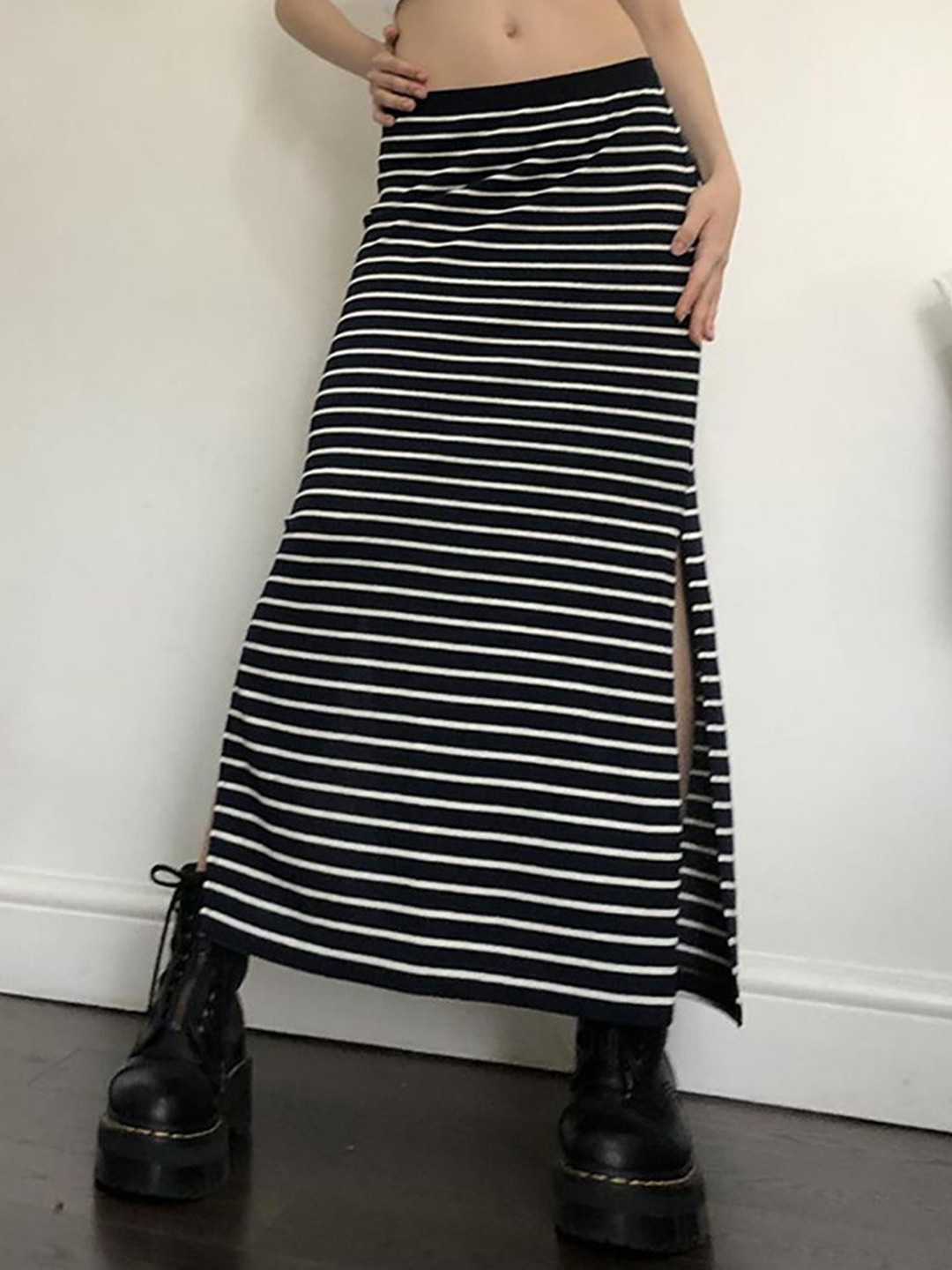 

StyleCast x Revolte Women Striped Straight Midi Skirt, Black