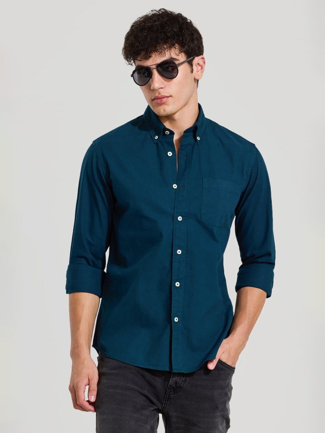 

Snitch Men Smart Button-Down Collar Solid Cotton Casual Shirt, Teal