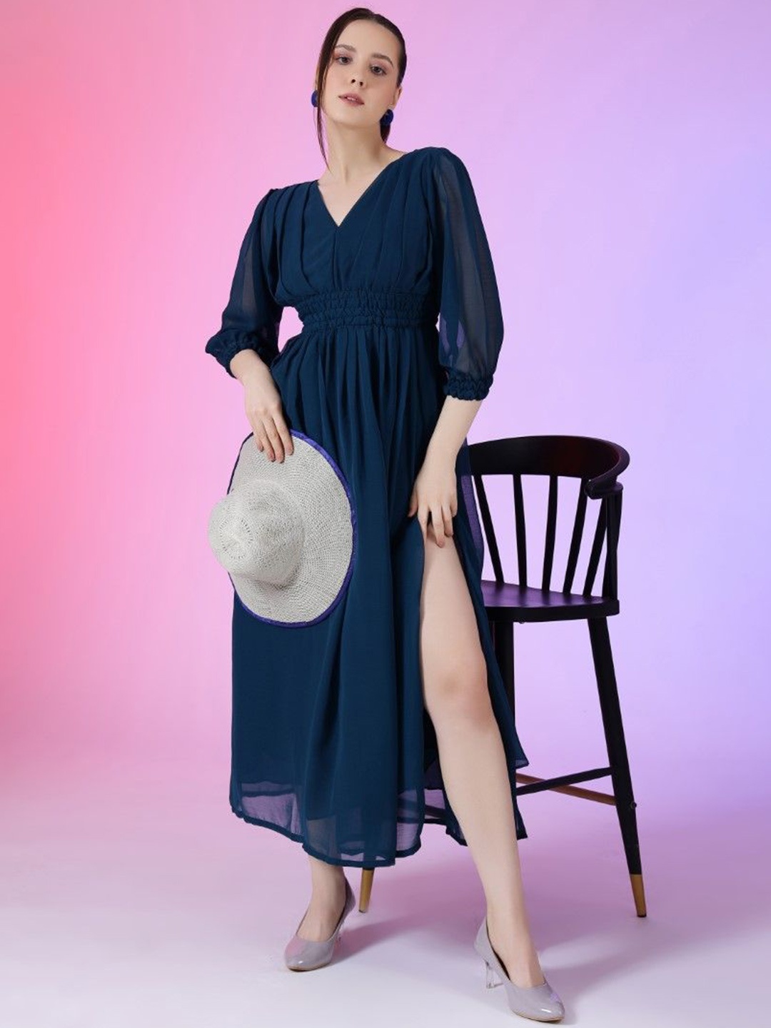 

Femvy Georgette Fit & Flare Maxi Dress, Blue