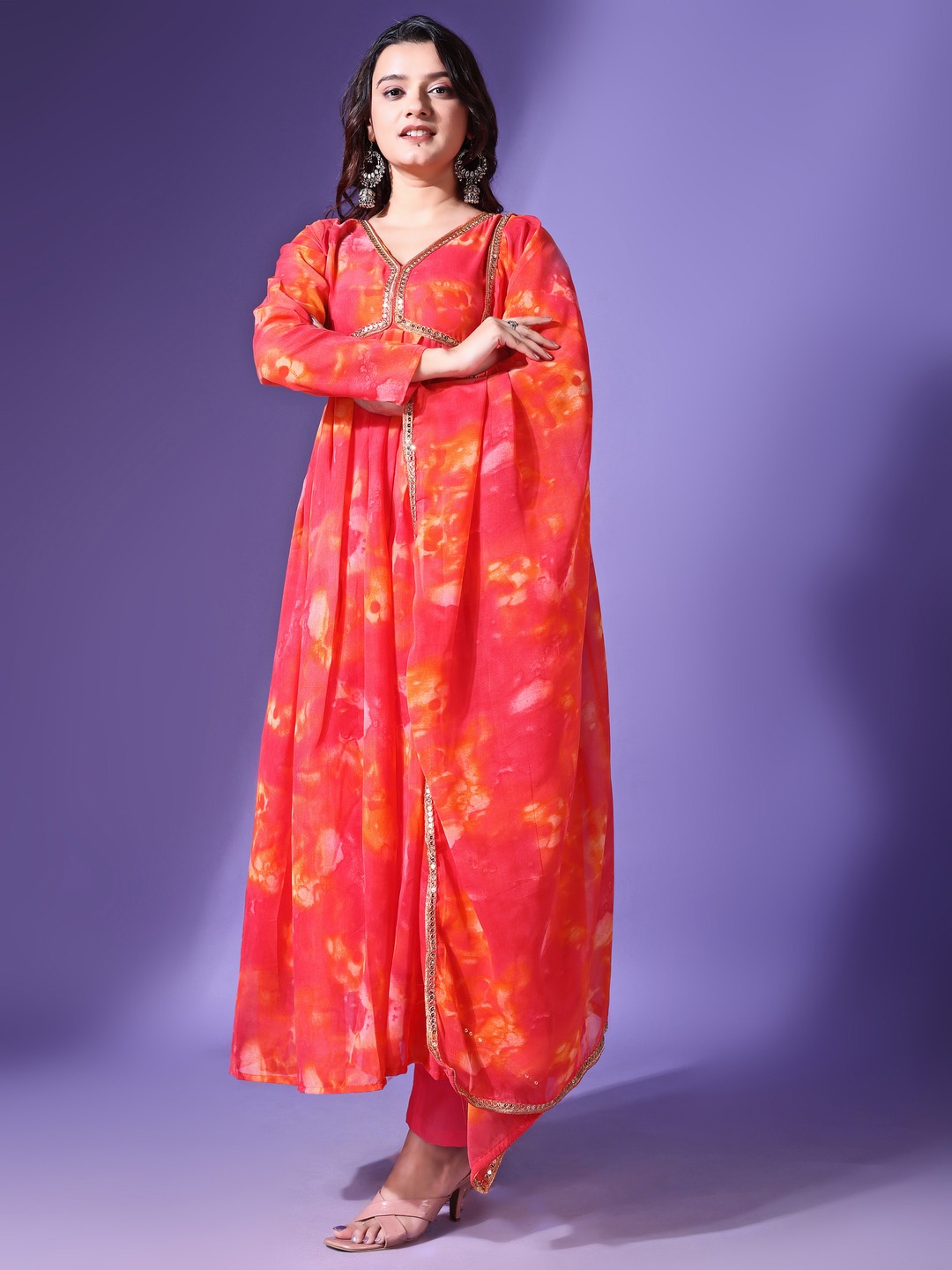 

Fashion Basket Women Printed Regular Kurta with Trousers & With Dupatta, Red