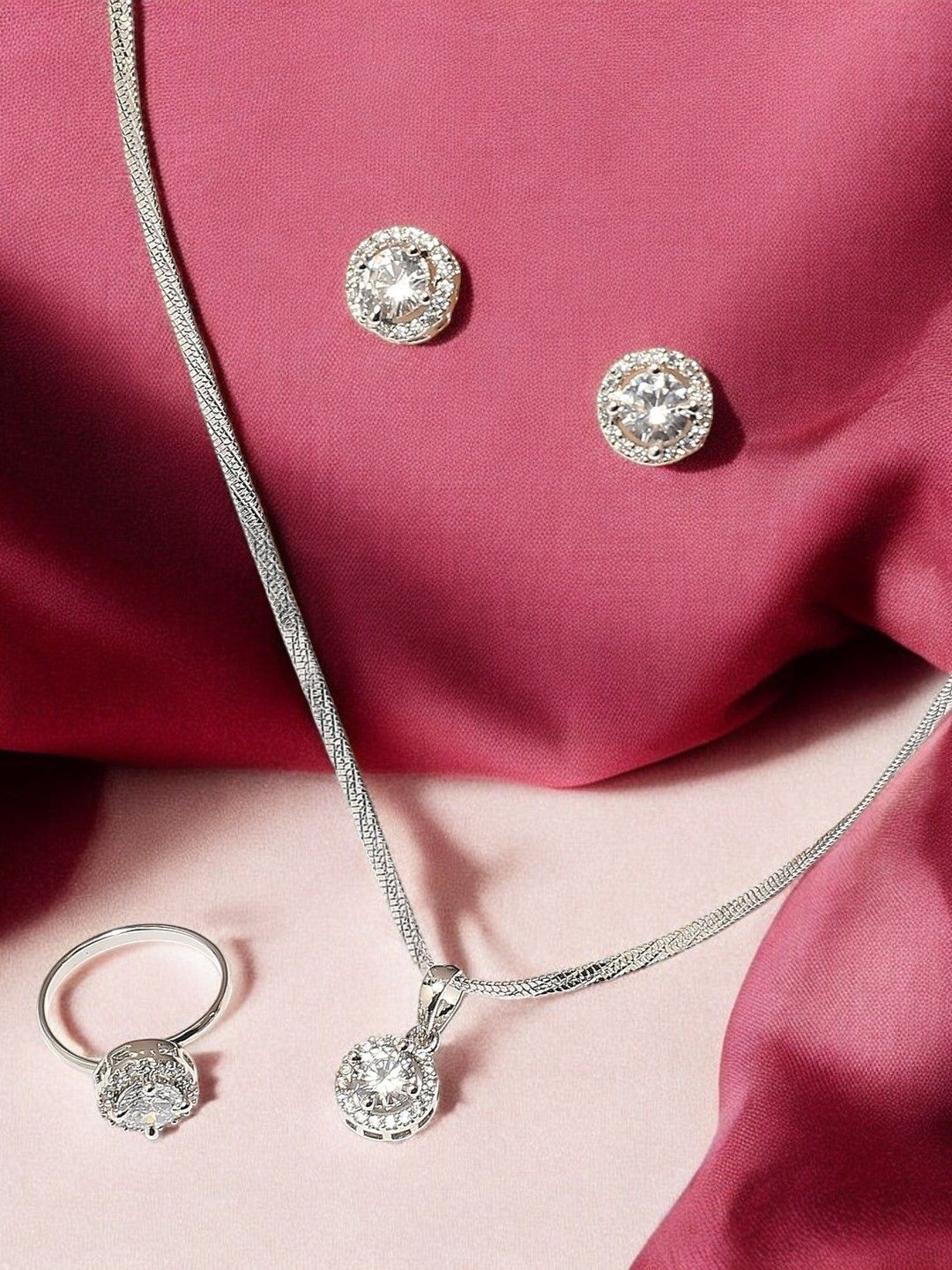 

fabula Cubic Zirconia Studded Jewellery Set, Silver