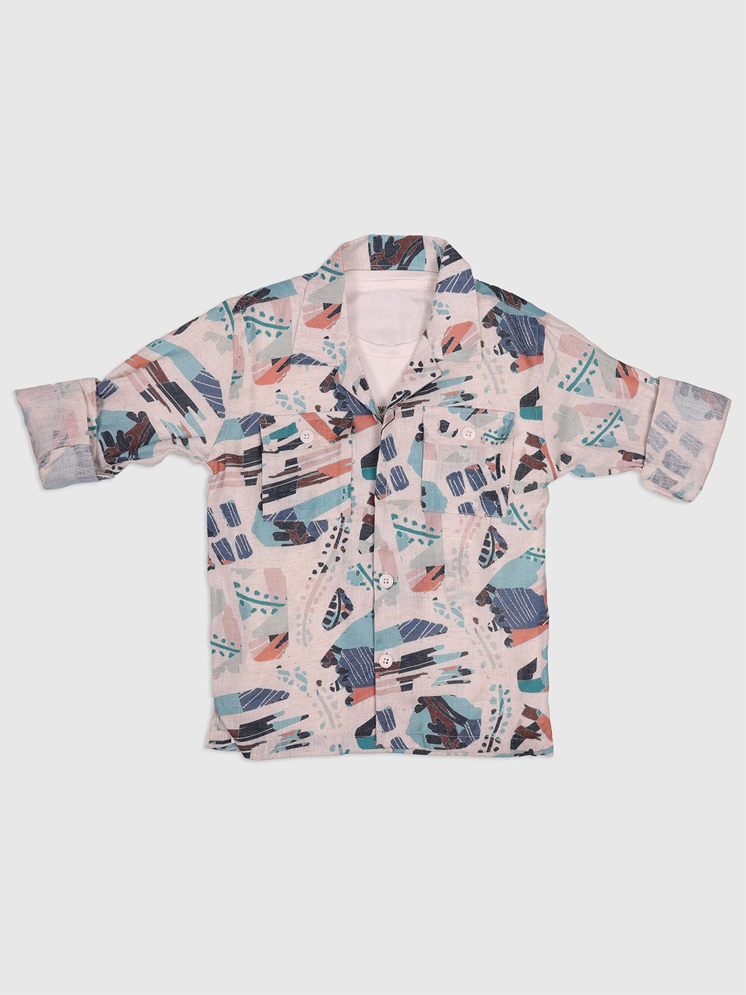 

CHUNMUN Boys Cuban Collar Abstract Printed Cotton Casual Shirt, Beige