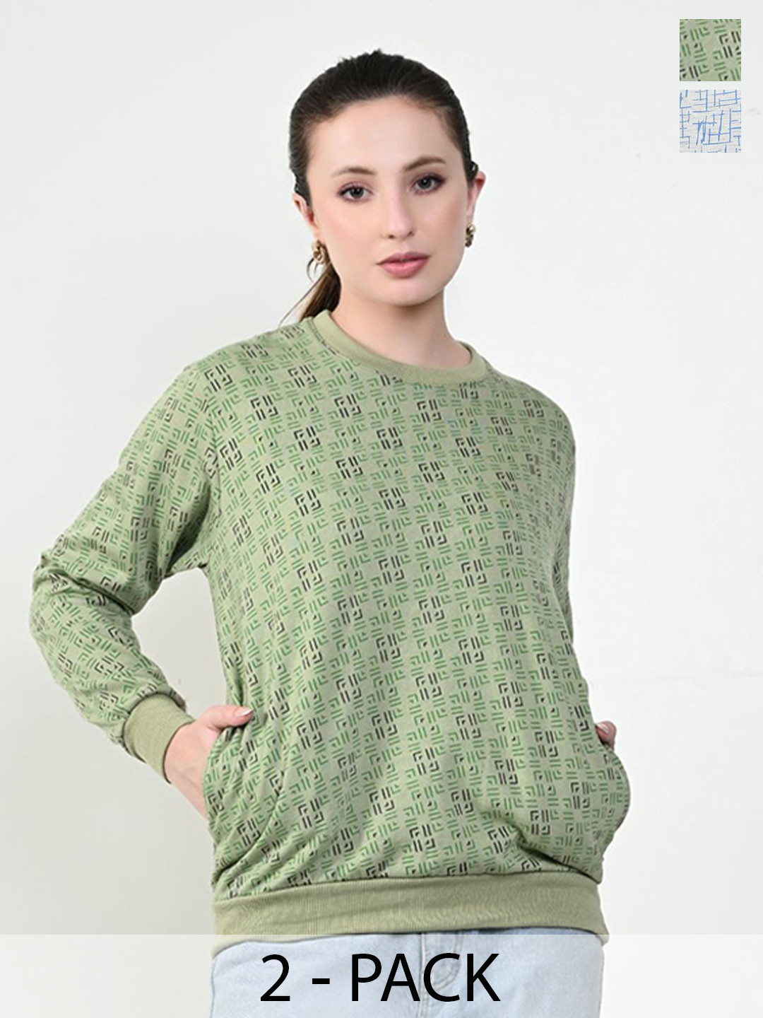 

BAESD Women Pack Of 2 Abstract Printed Round Neck Fleece Pullover Sweatshirts, Green
