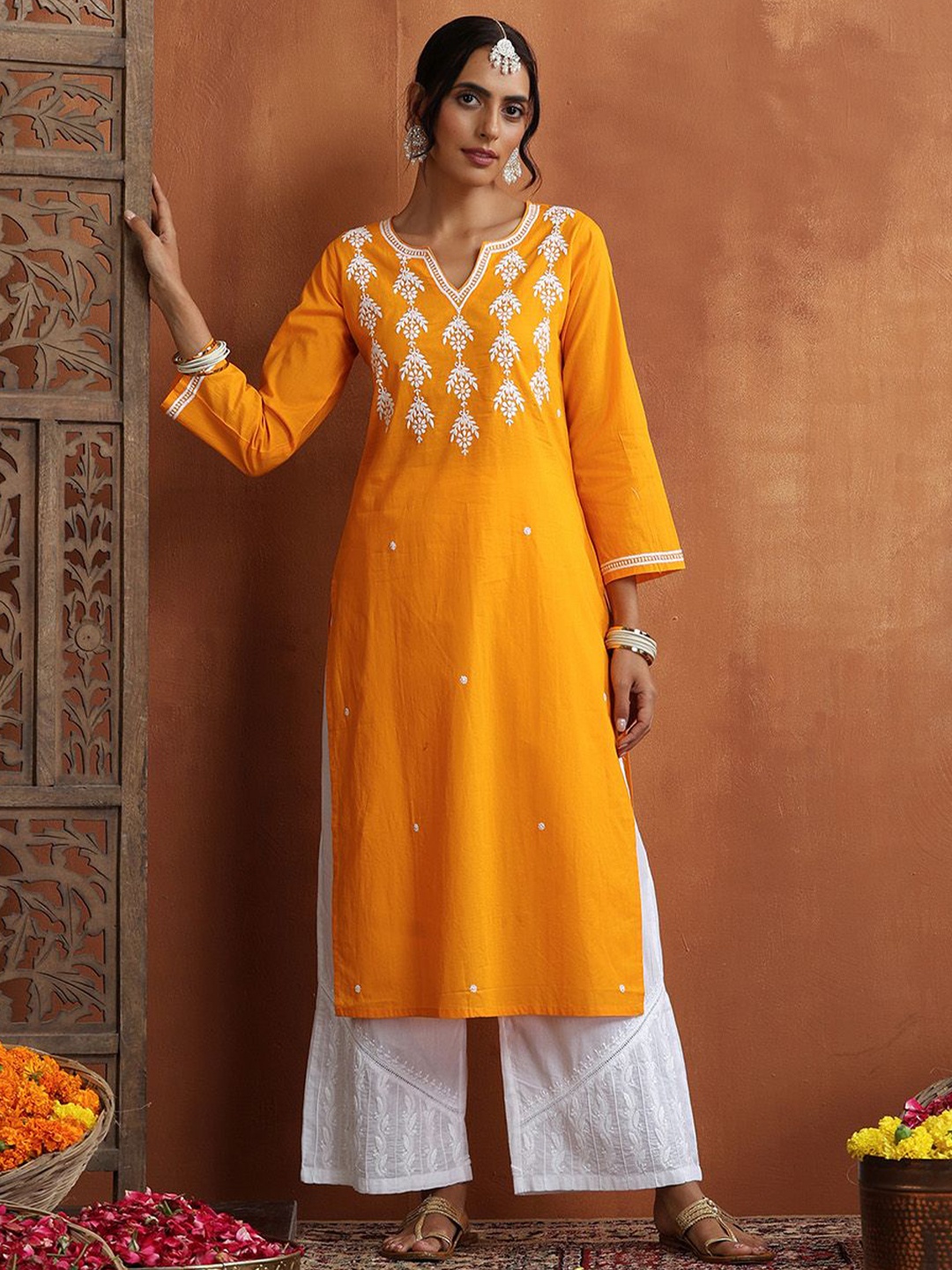 

House of Chikankari - Chikankari Woven Kurta, Orange